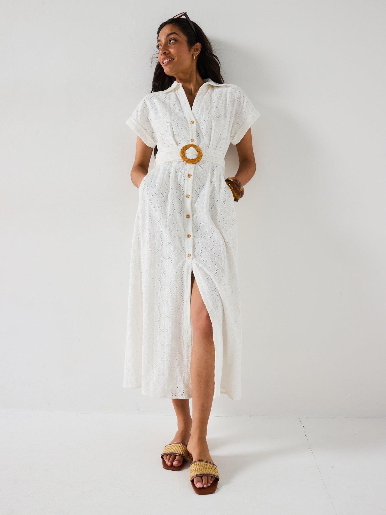 undefined Belted Broderie Midi Shirt Dress - White
