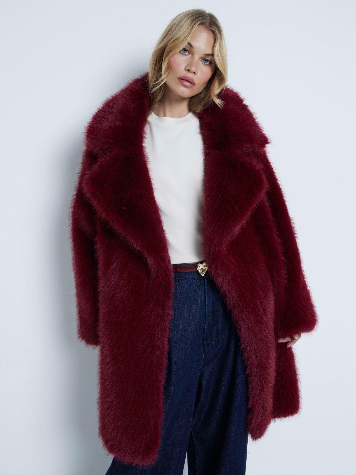 Deep red fashion faux fur coat