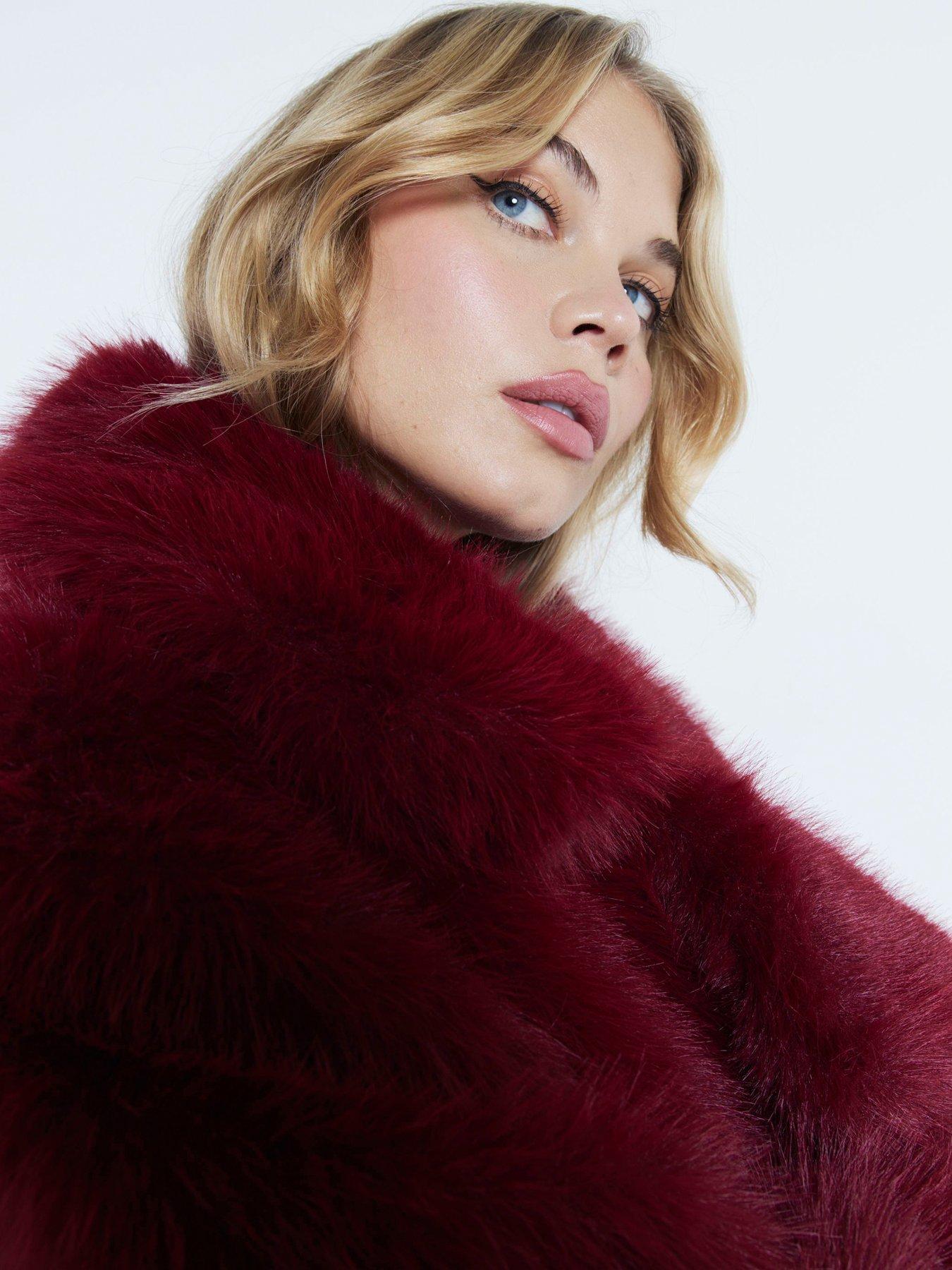 River Island Faux Fur Coat Dark Red Very