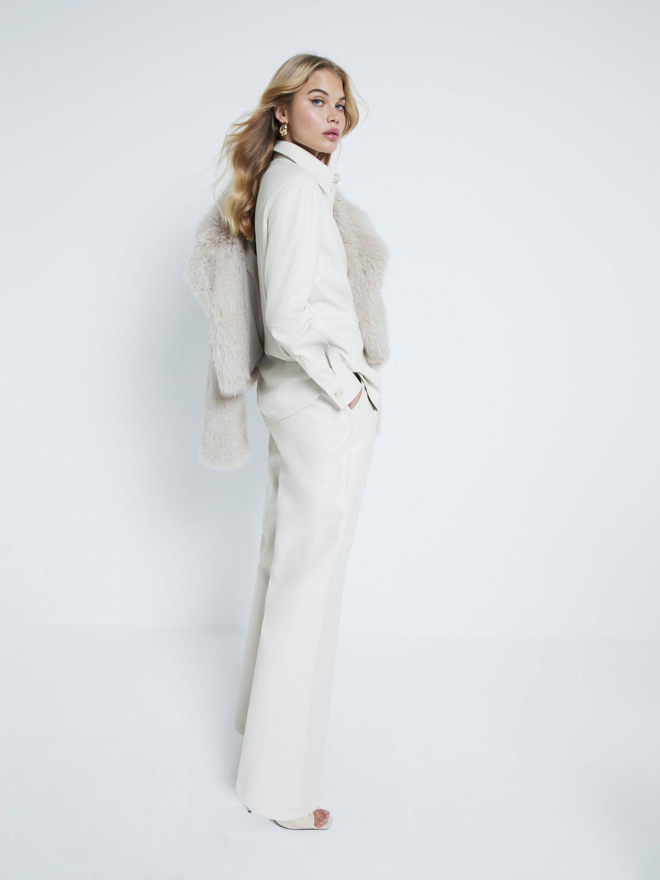 Image 2 of 5 of River Island Super Wide Leg Creaked Trouser - Cream