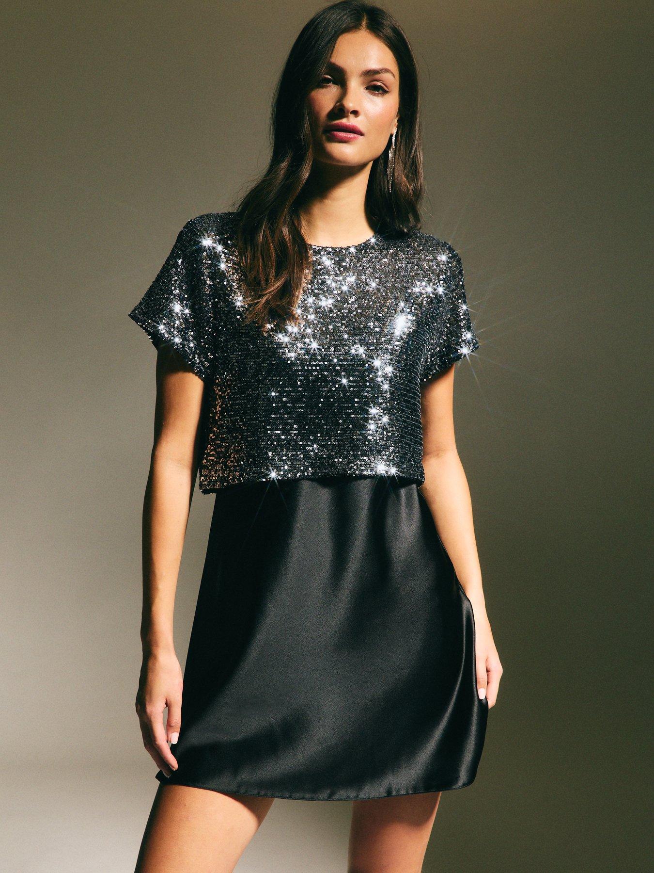 undefined Silver Sequinned 2-In-1 Mini Dress - Black