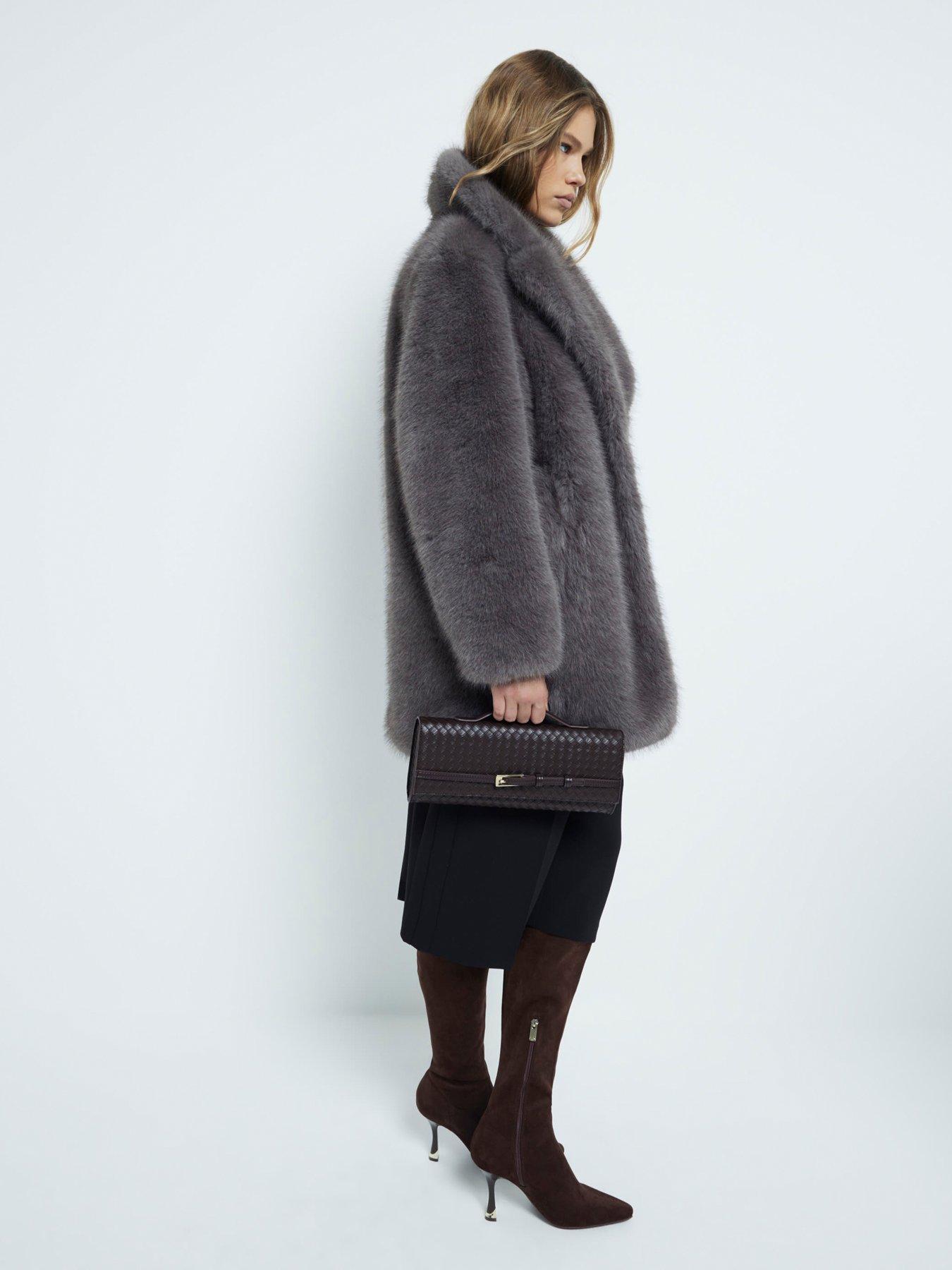 Mid Length Faux Fur Coat Grey