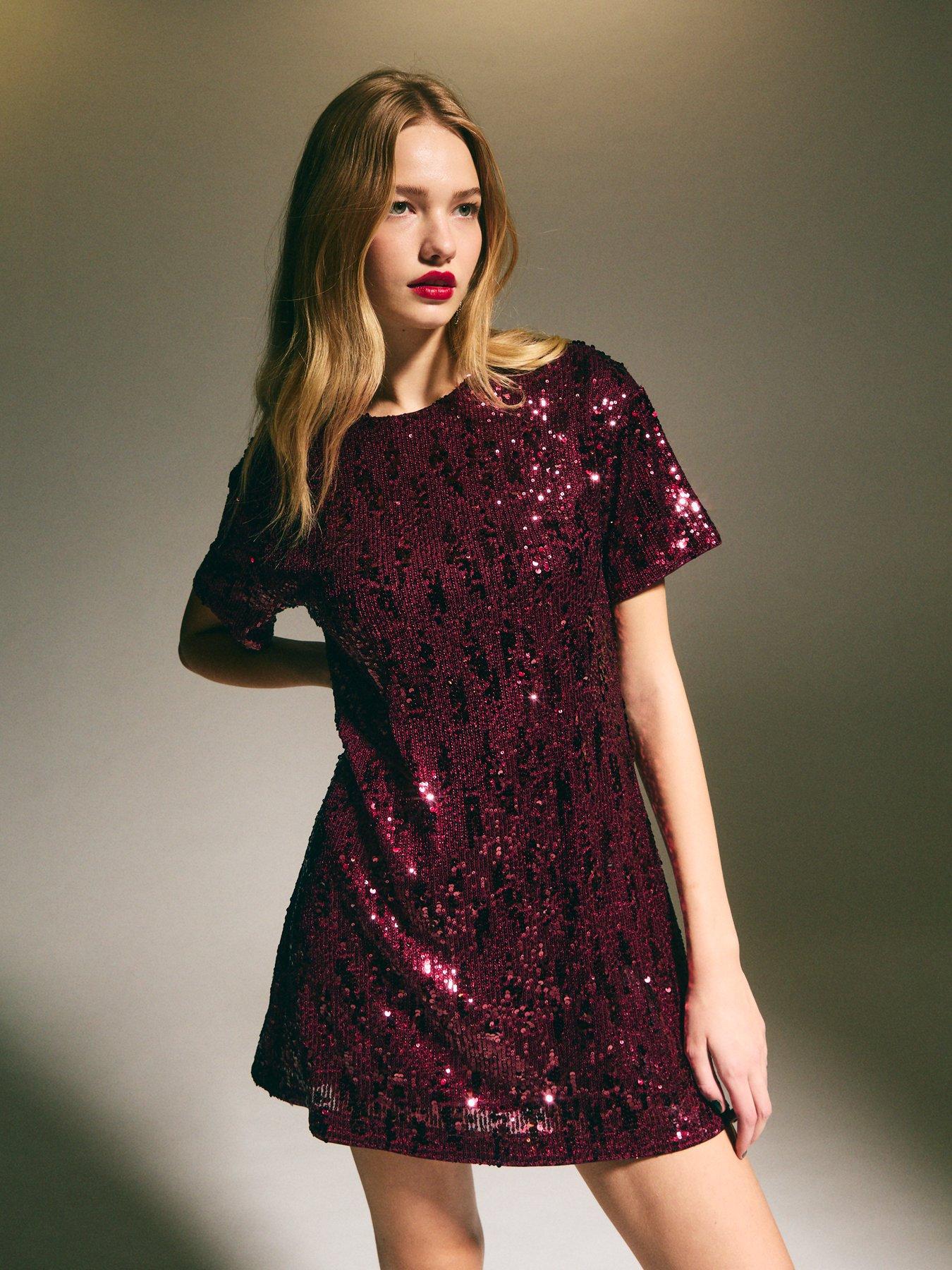 New Look Sequin T Shirt Mini Dress Burgundy