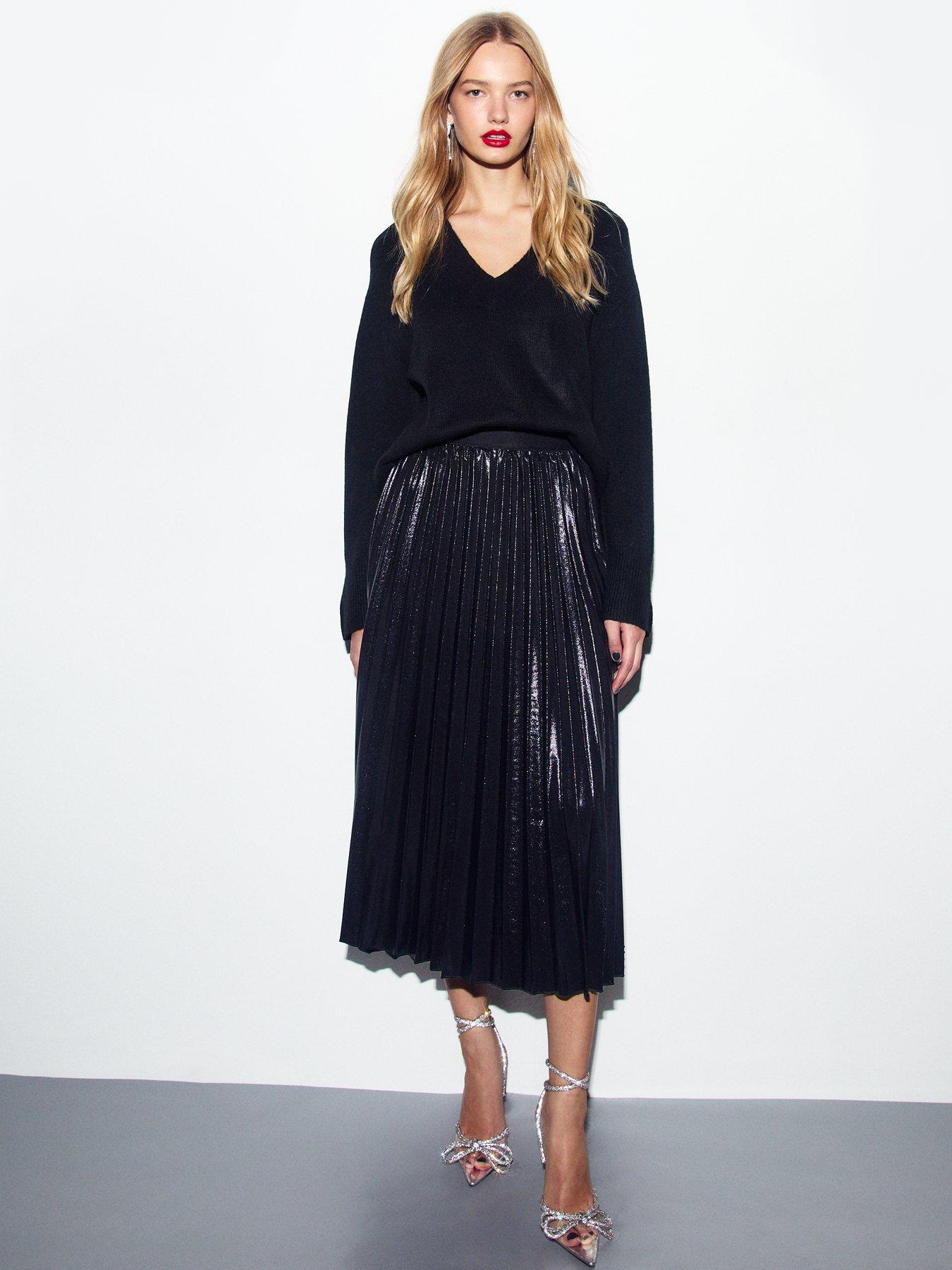 undefined Shimmer Pleated Midi Skirt - Black
