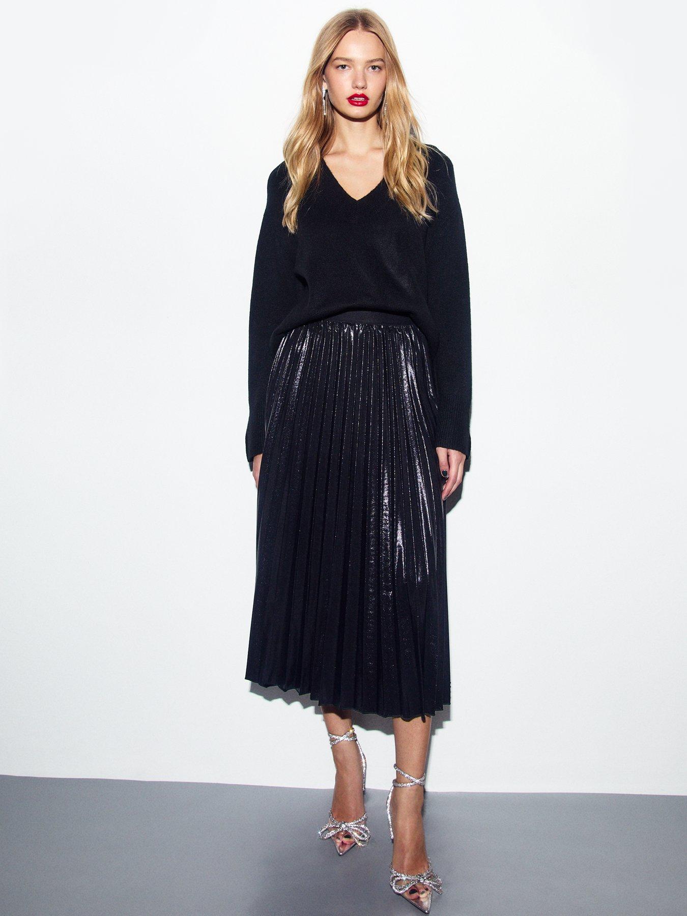 Shimmer Pleated Midi Skirt Black