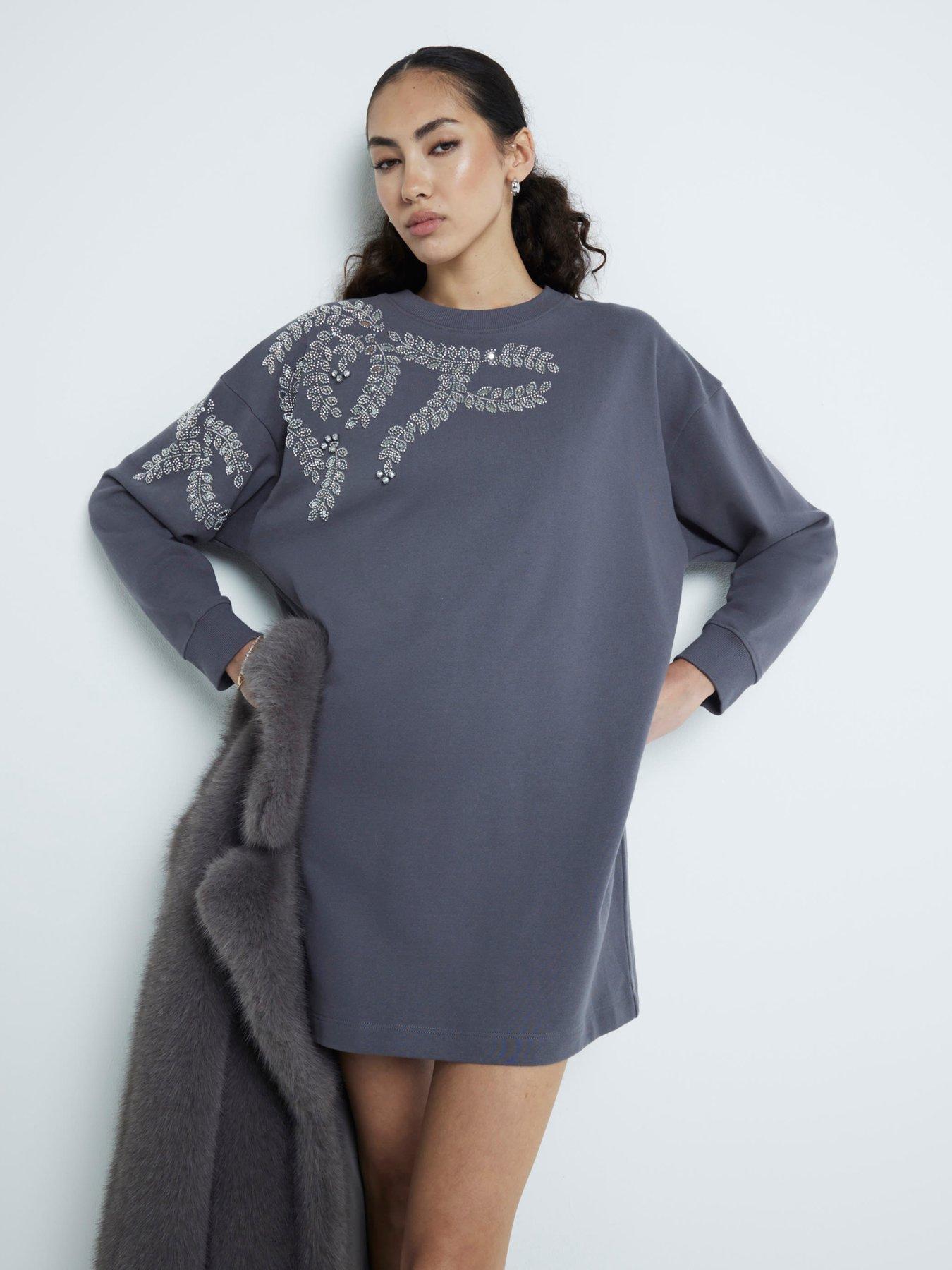 undefined Washed Embellished Leaf Sweat Dress - Dark Grey