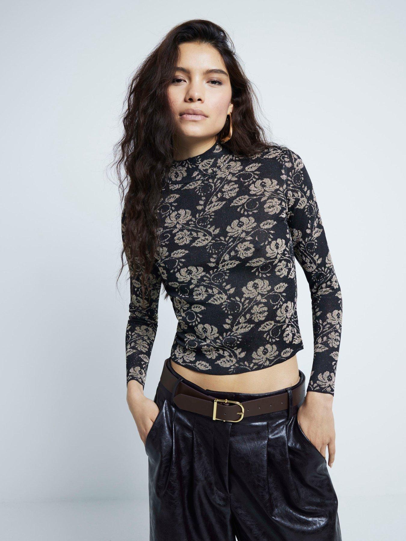 undefined Metallic Floral Top - Dark Brown