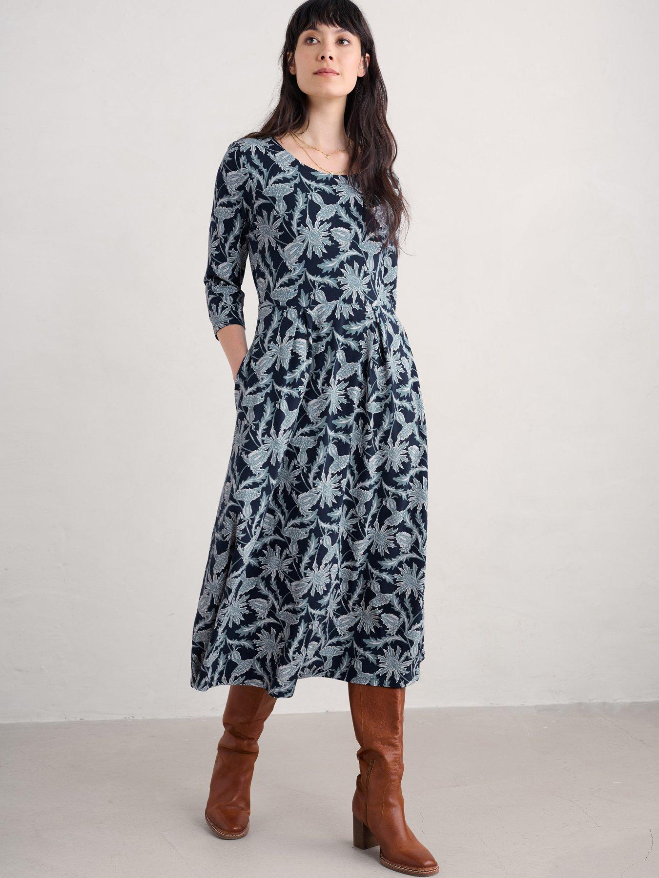 Seasalt Cornwall Floral Midi Waisted Dress Navy Very