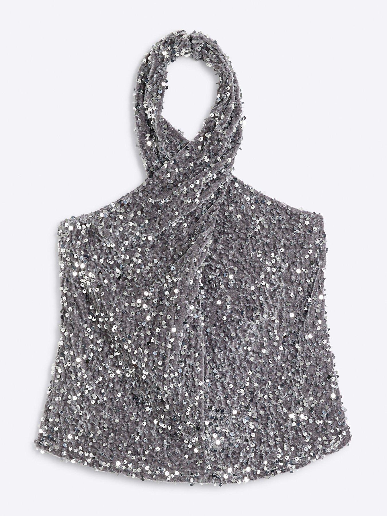 Argeila Halter Top in Green and Grey Sequin main image 0