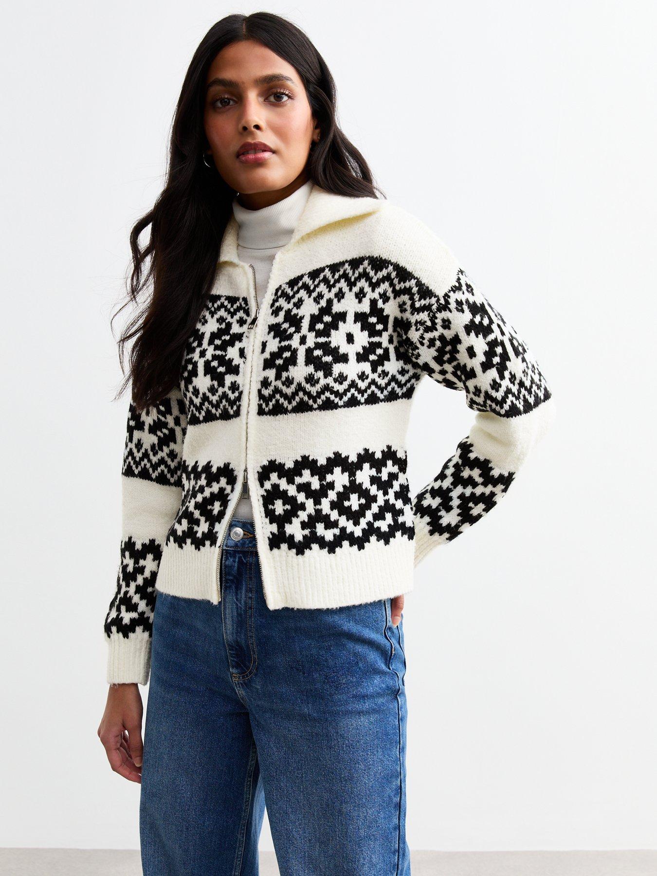 undefined White Fair Isle Knit Zip Cardigan - Print