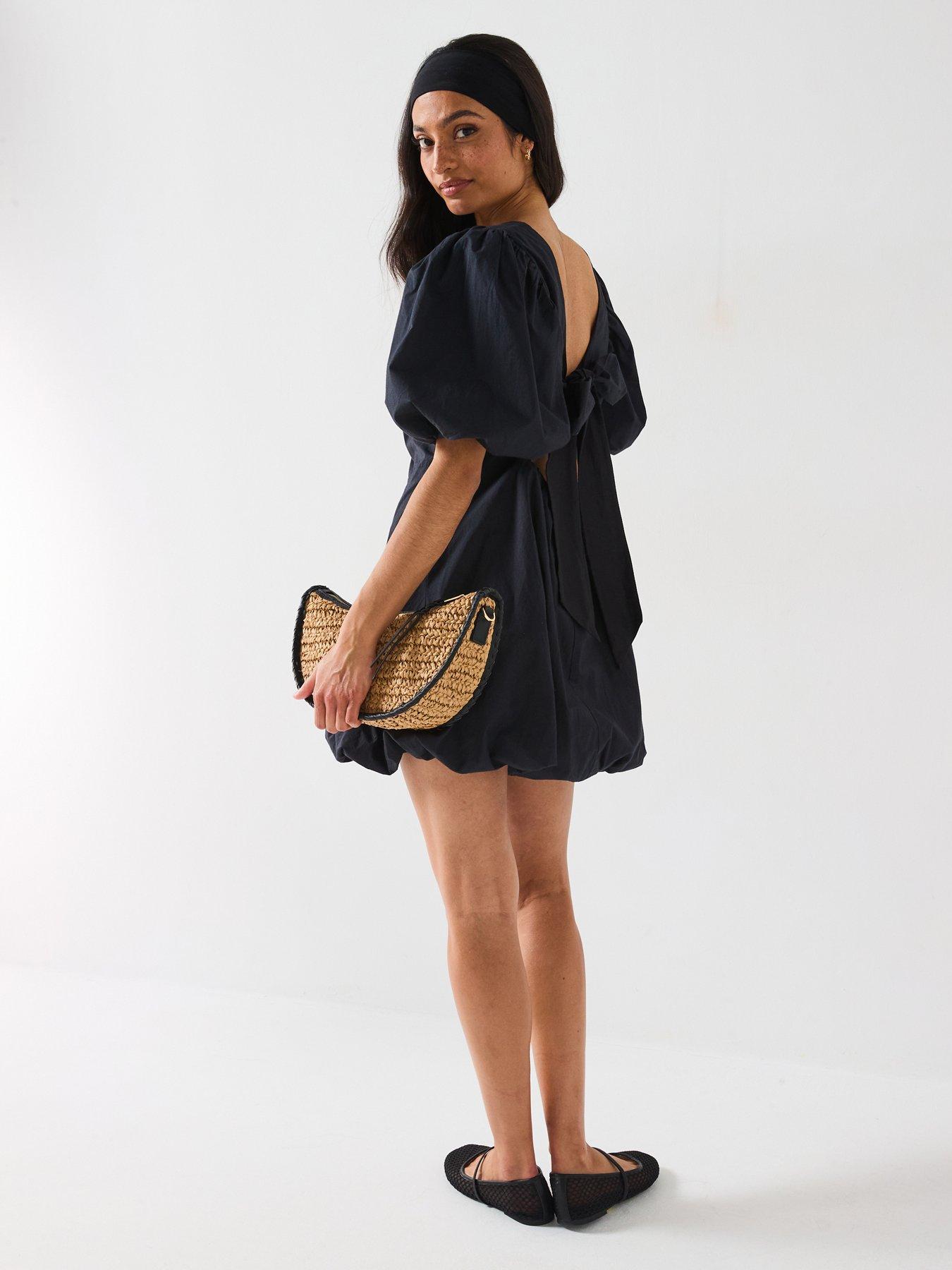 V by Very Puffball Bow Back Mini Dress - Black