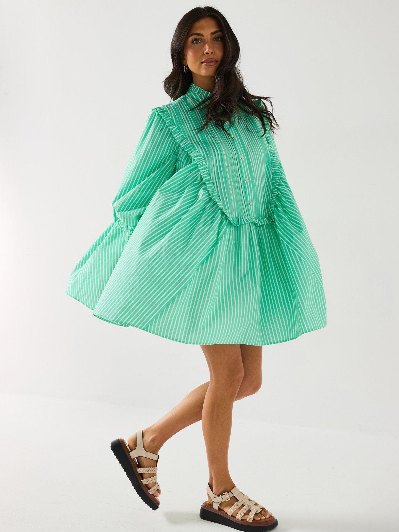 undefined Stripe Ruffle Mini Dress - Green