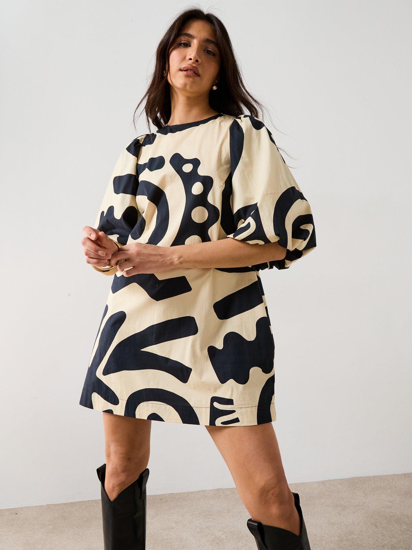 undefined Abstract Mono Print Puff Sleeve Mini Dress - Dark Print