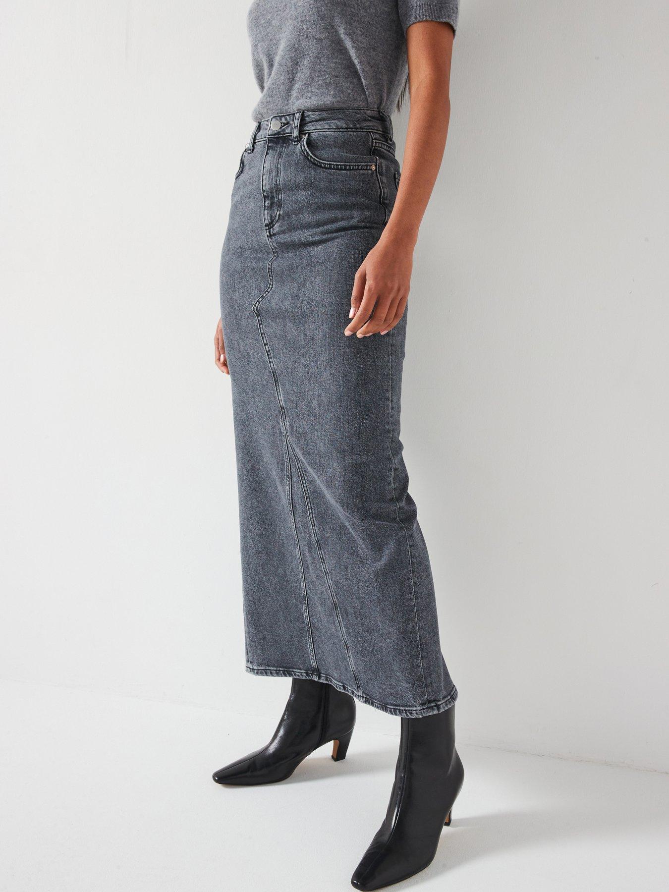 undefined Denim Maxi Skirt - Grey