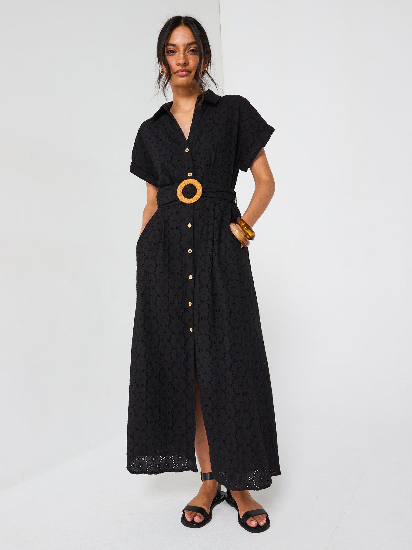 undefined Belted Broderie Midaxi Shirt Dress - Black