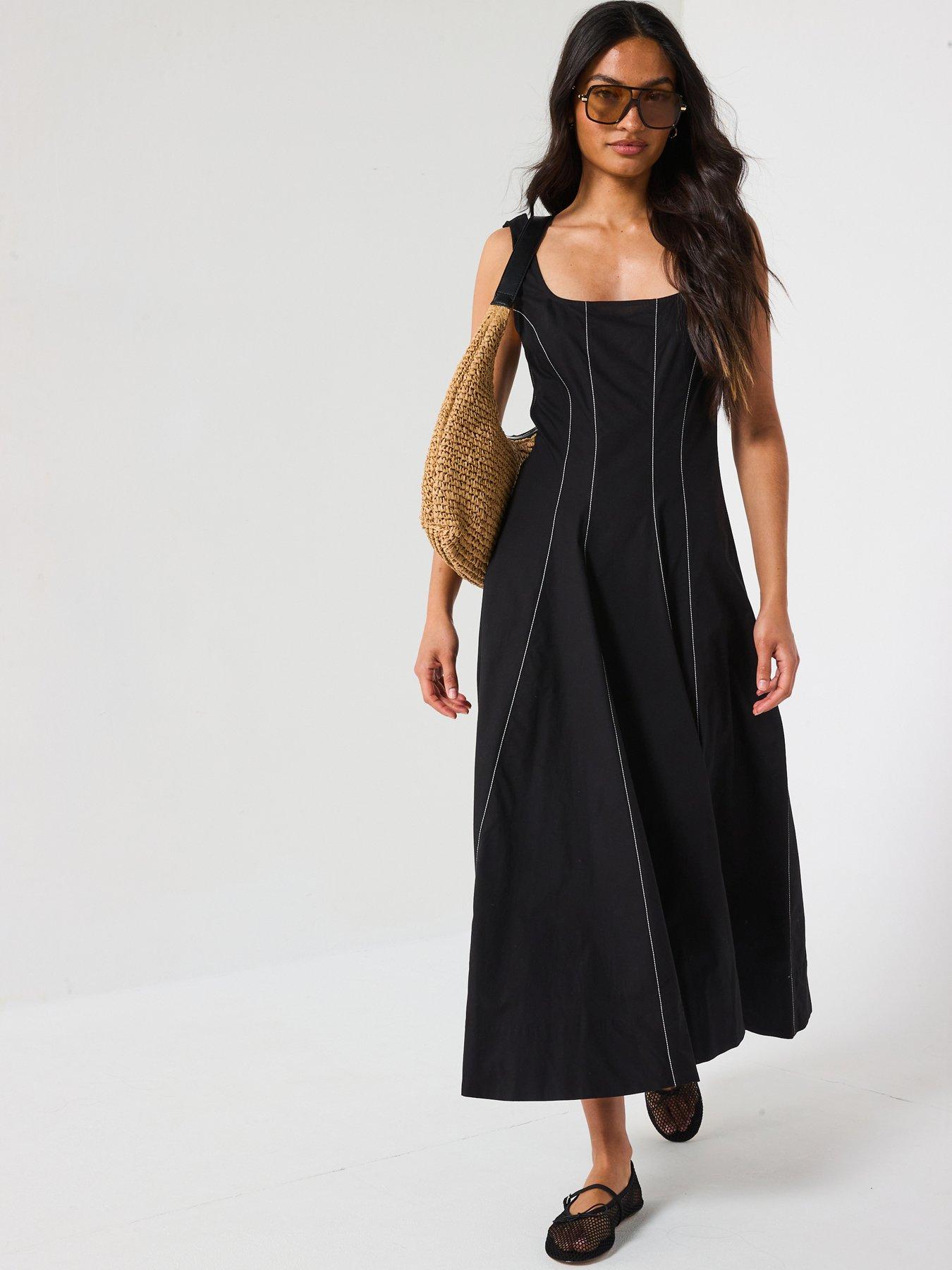 undefined Corset Detail Pinktuck Midi Dress - Black