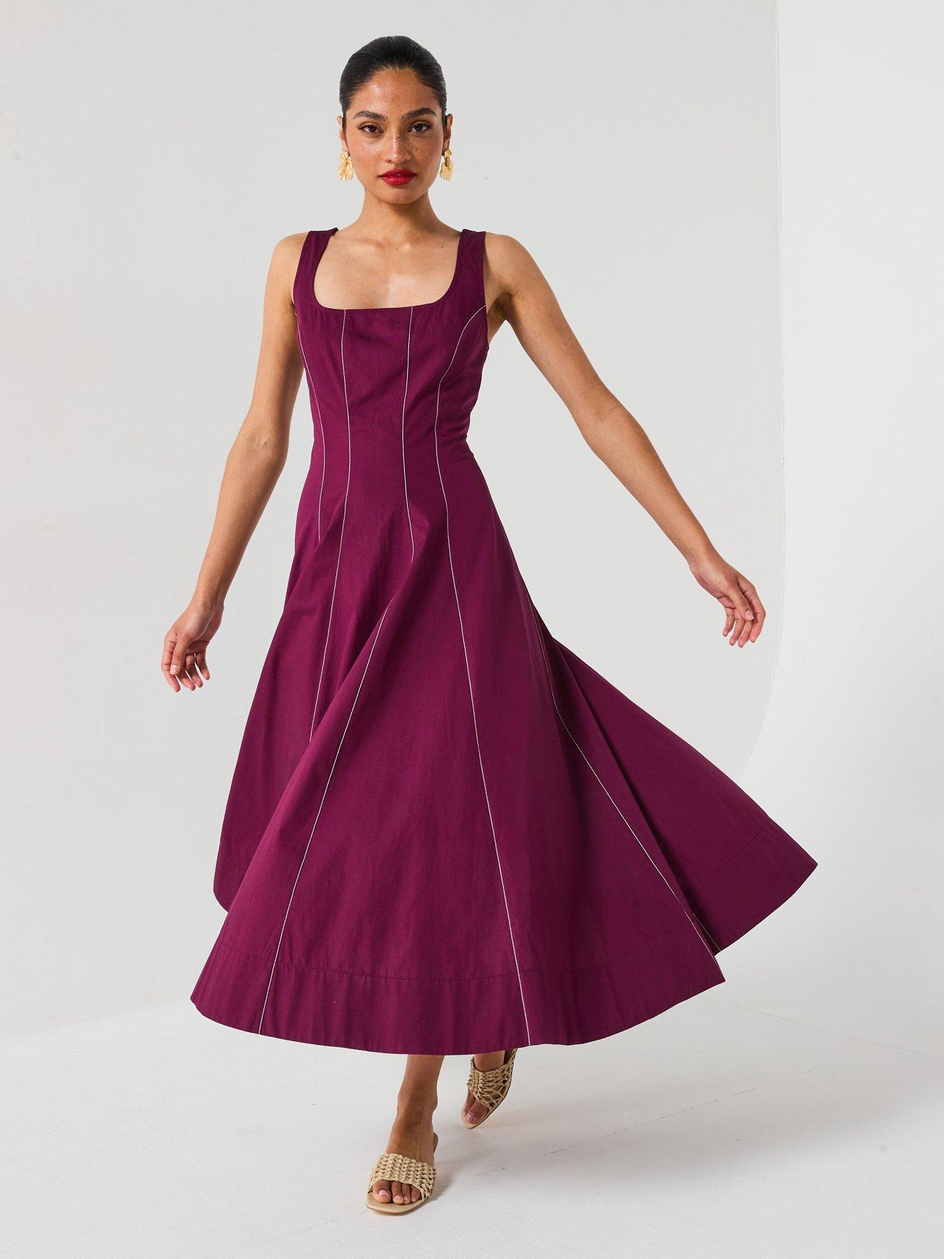 undefined Corset Detail Pintuck Midi Dress - Burgundy
