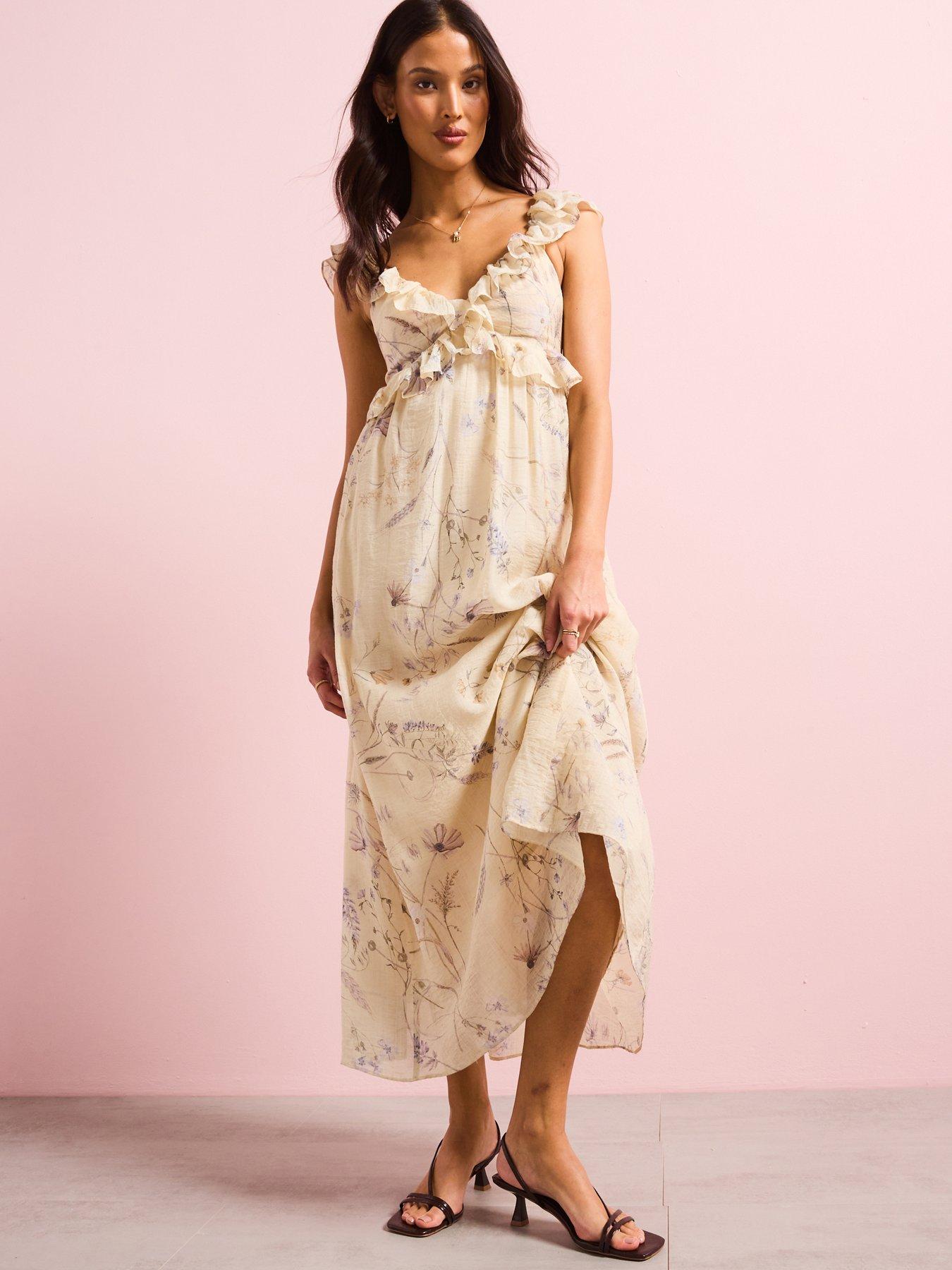 undefined Ruffle Occasion Printed Midi Dress - Beige