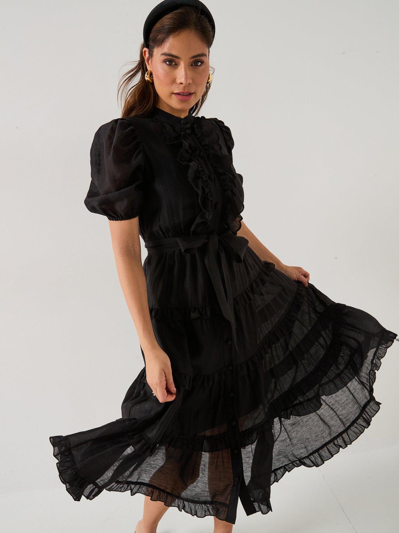 V by Very Scallop Tiered Midi Dress Black Very