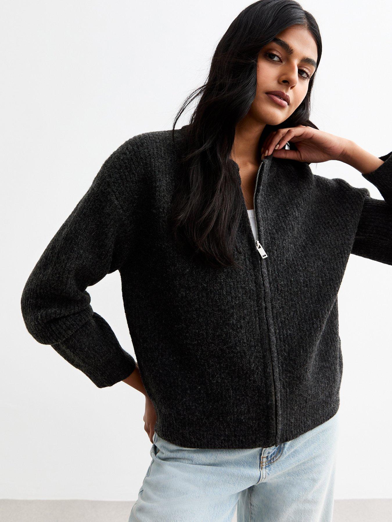 undefined Ribbed Crew Neck Cardigan - Black