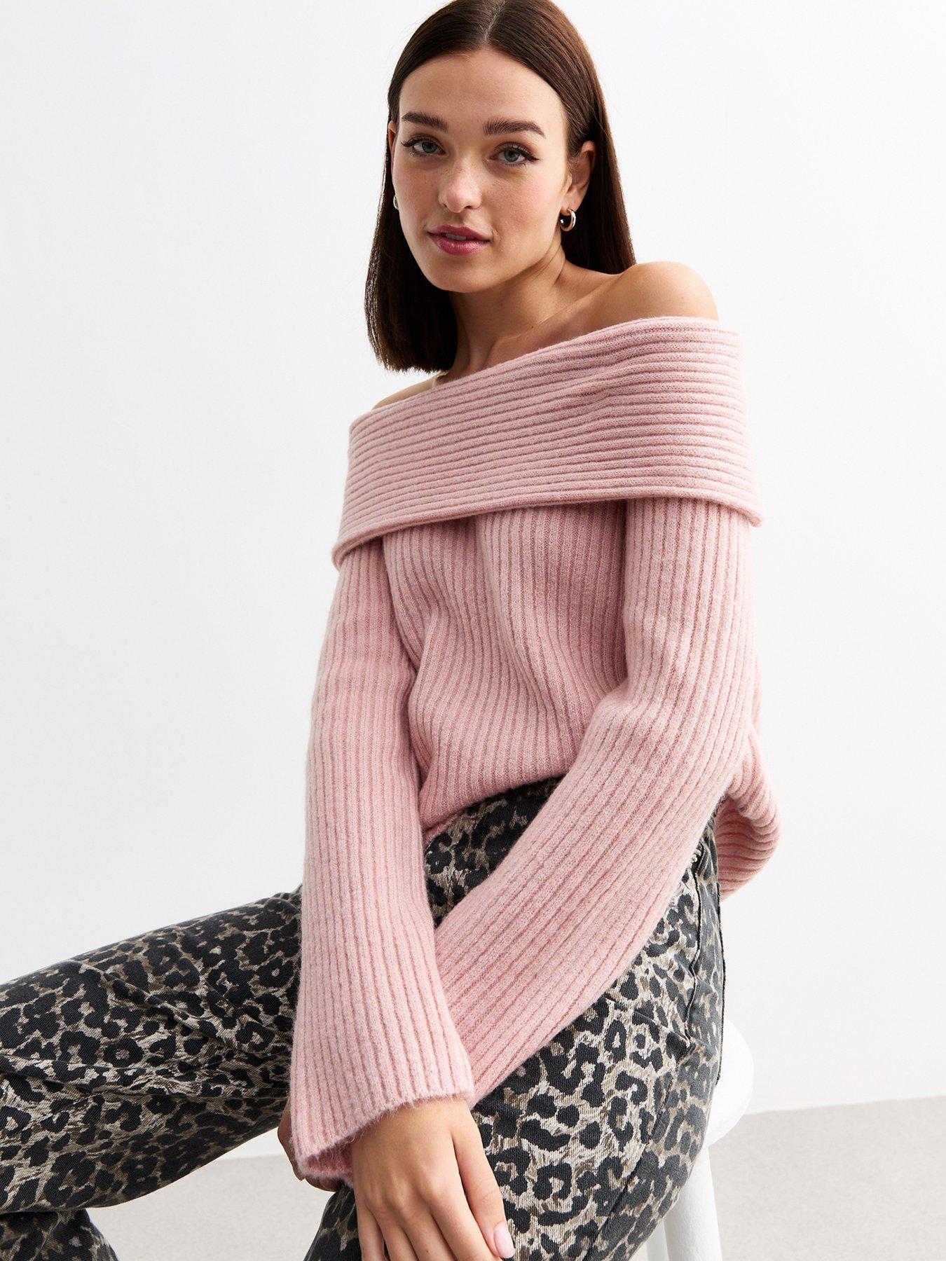 undefined Ribbed Knit Bardot Jumper - Pink