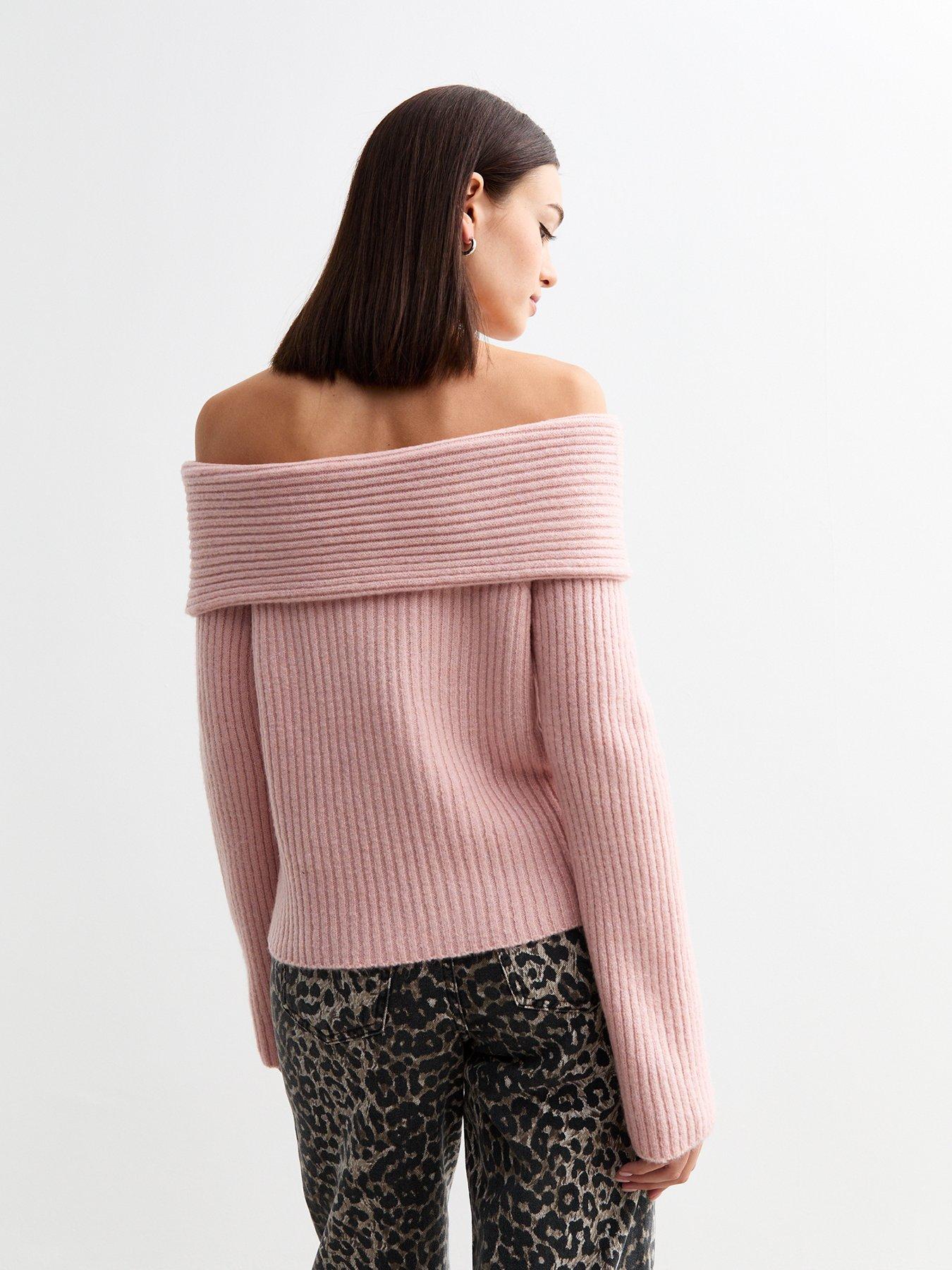 Image 2 of 4 of New Look Ribbed Knit Bardot Jumper - Pink