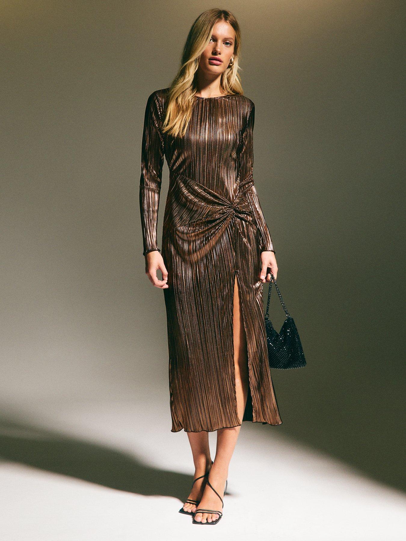 undefined Bronze Knotted Metallic Plisse Midaxi Dress - Brown