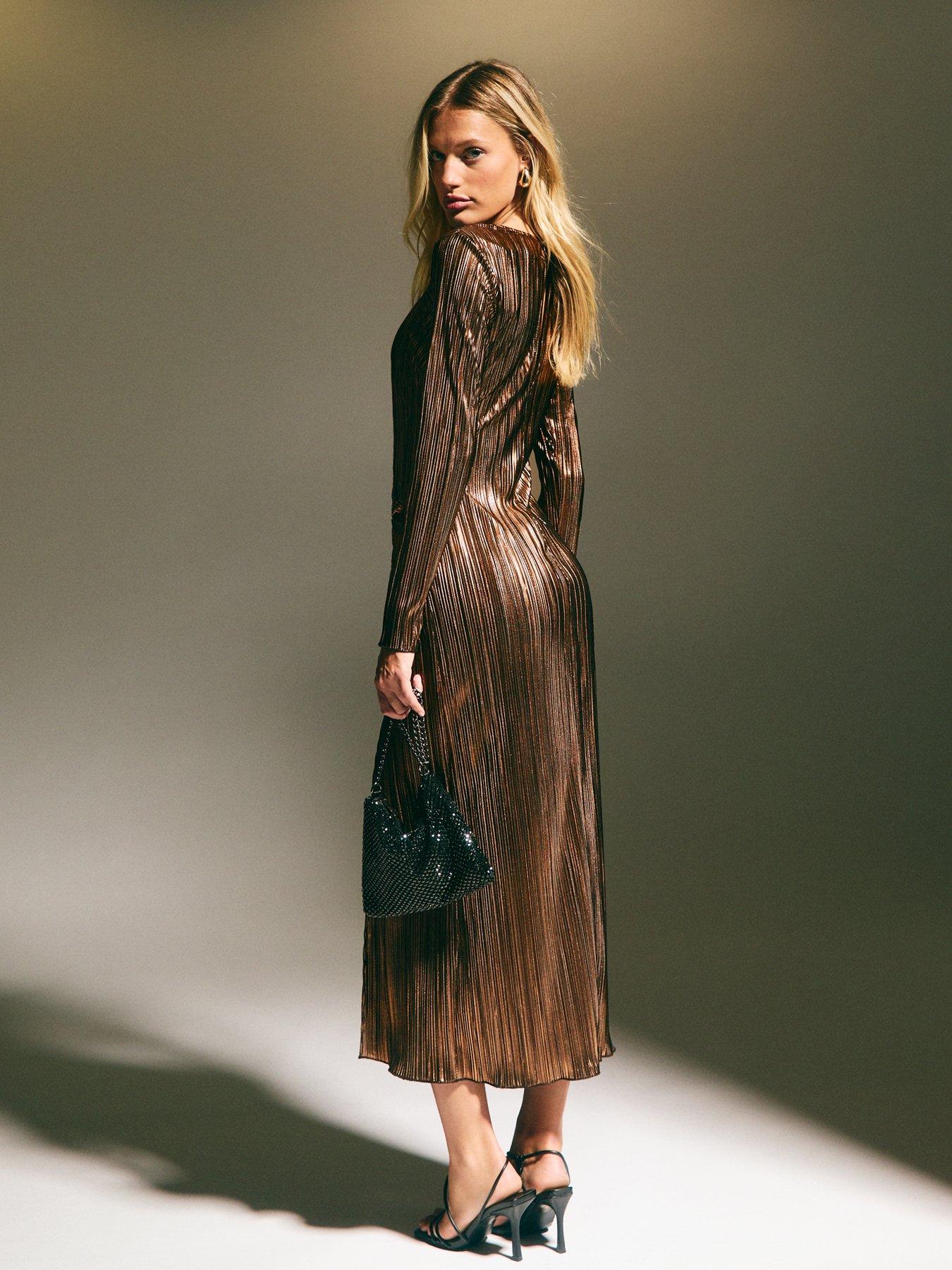 knee length dresses for ladies Bronze Draped Metallic Maxi Dress main image 1