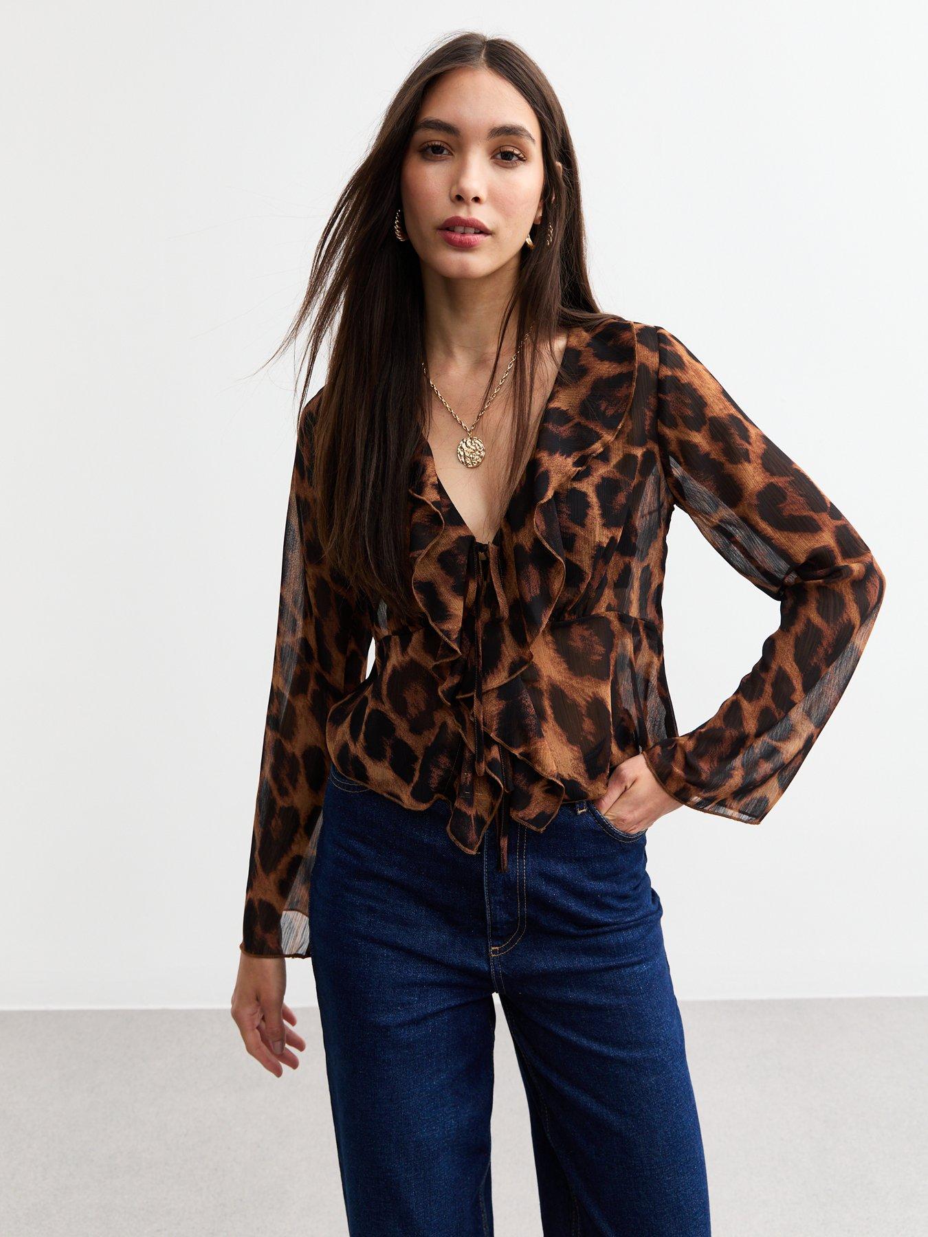 undefined Brown Leopard Print Frill Trim Crepe Blouse