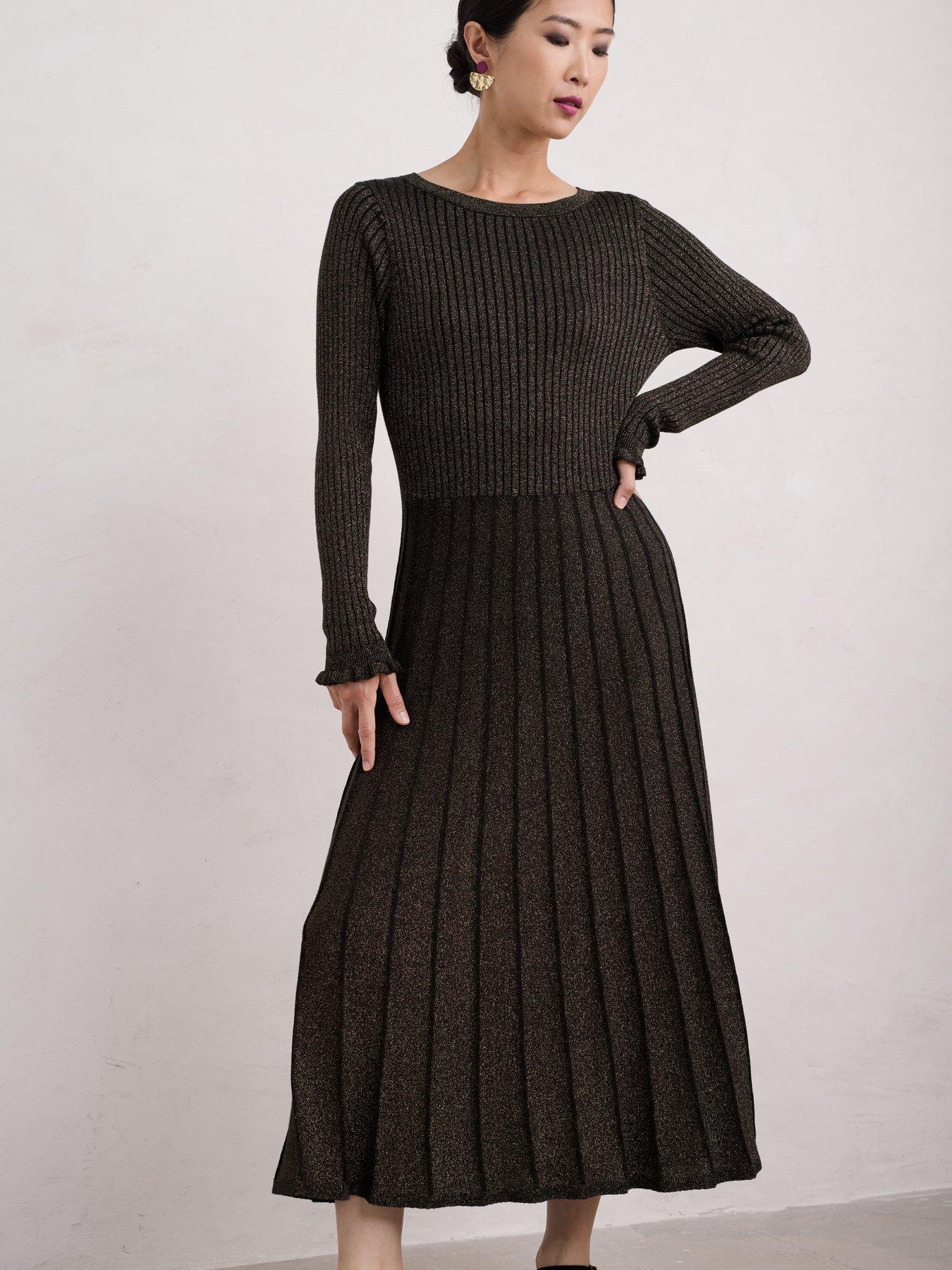 undefined Cotton Sparkly Midi Skater Dress - Brown