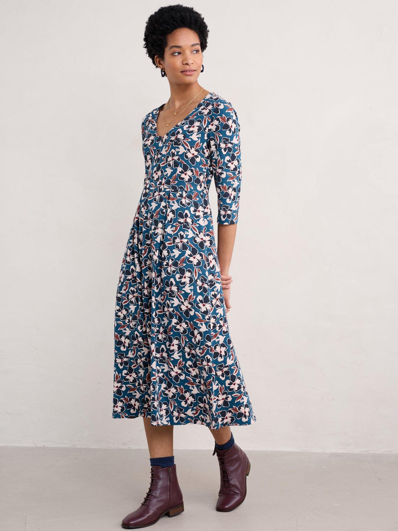 undefined Cotton Rich V Neck Midi Dress - Blue