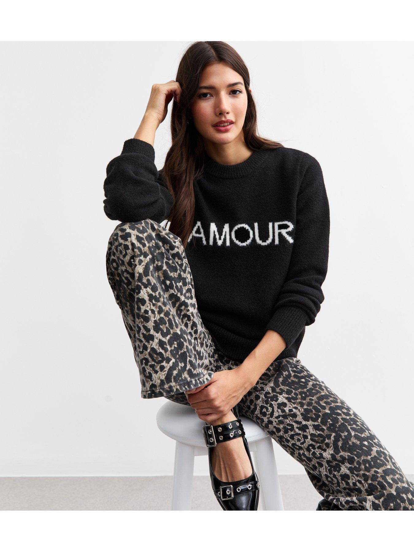 Image 3 of 4 of New Look Amour Lettering Knitted Jumper - Black