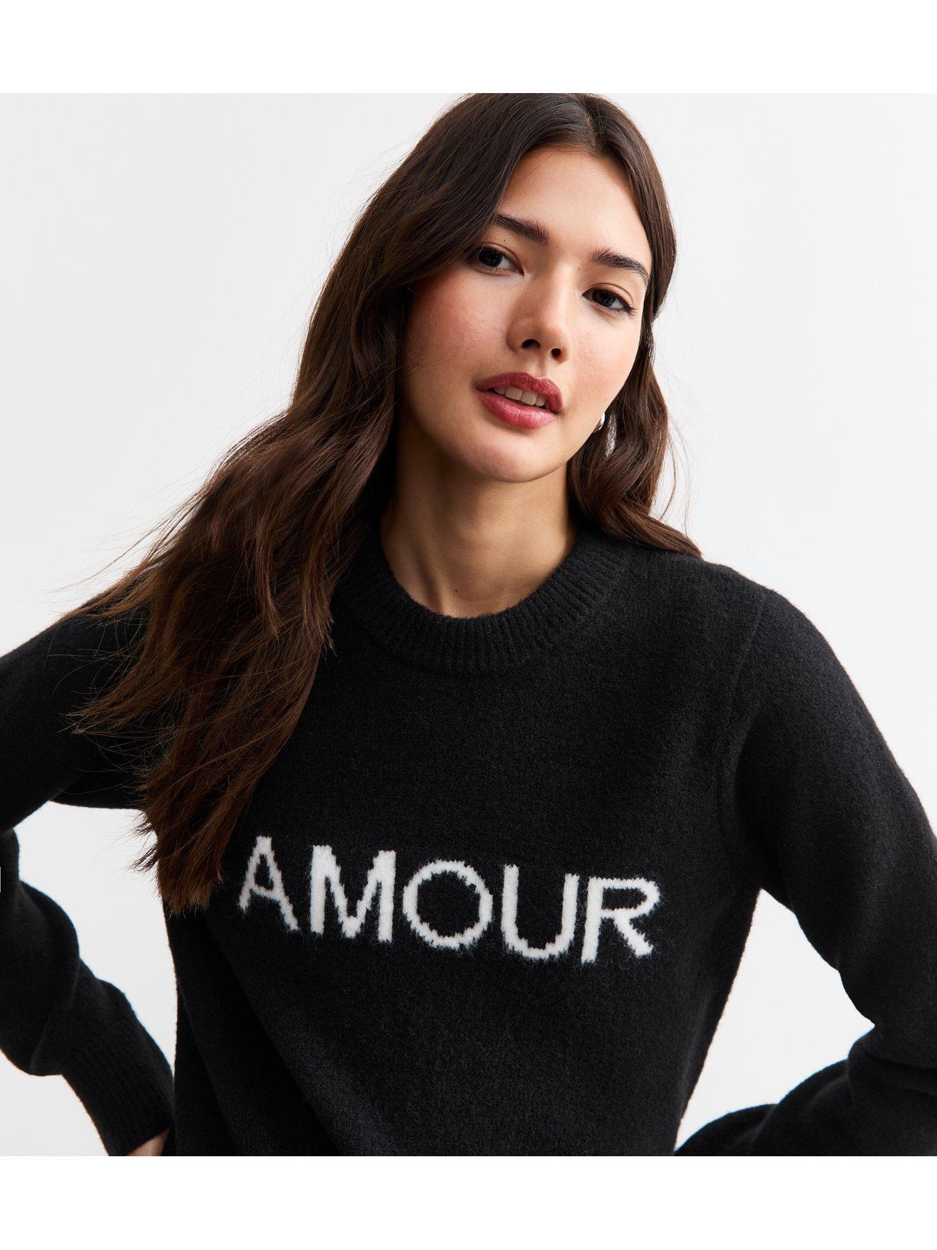 Image 4 of 4 of New Look Amour Lettering Knitted Jumper - Black