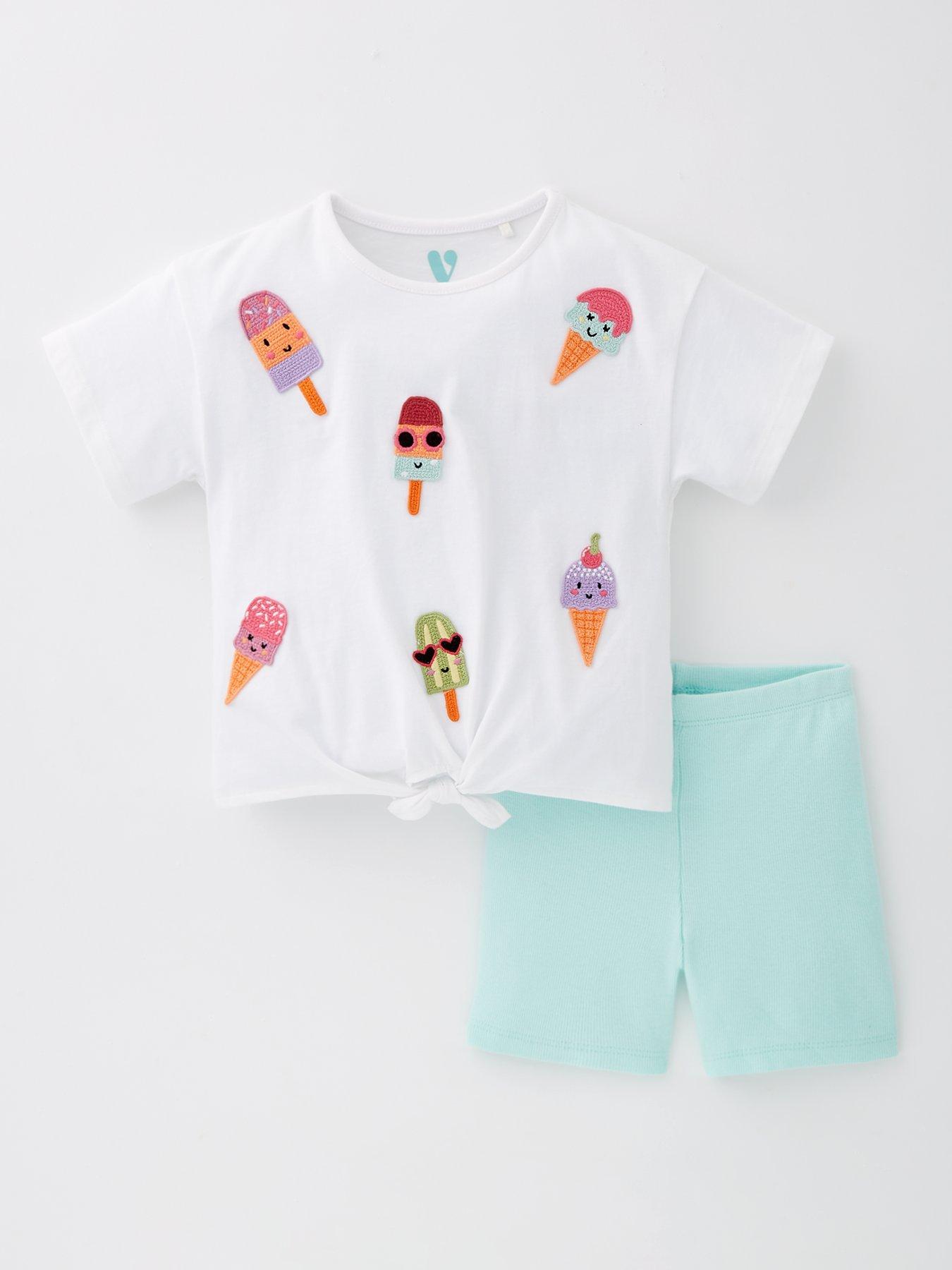 undefined Girls Ice Cream Tie Front T-Shirt and Cycling Short Set - Multi