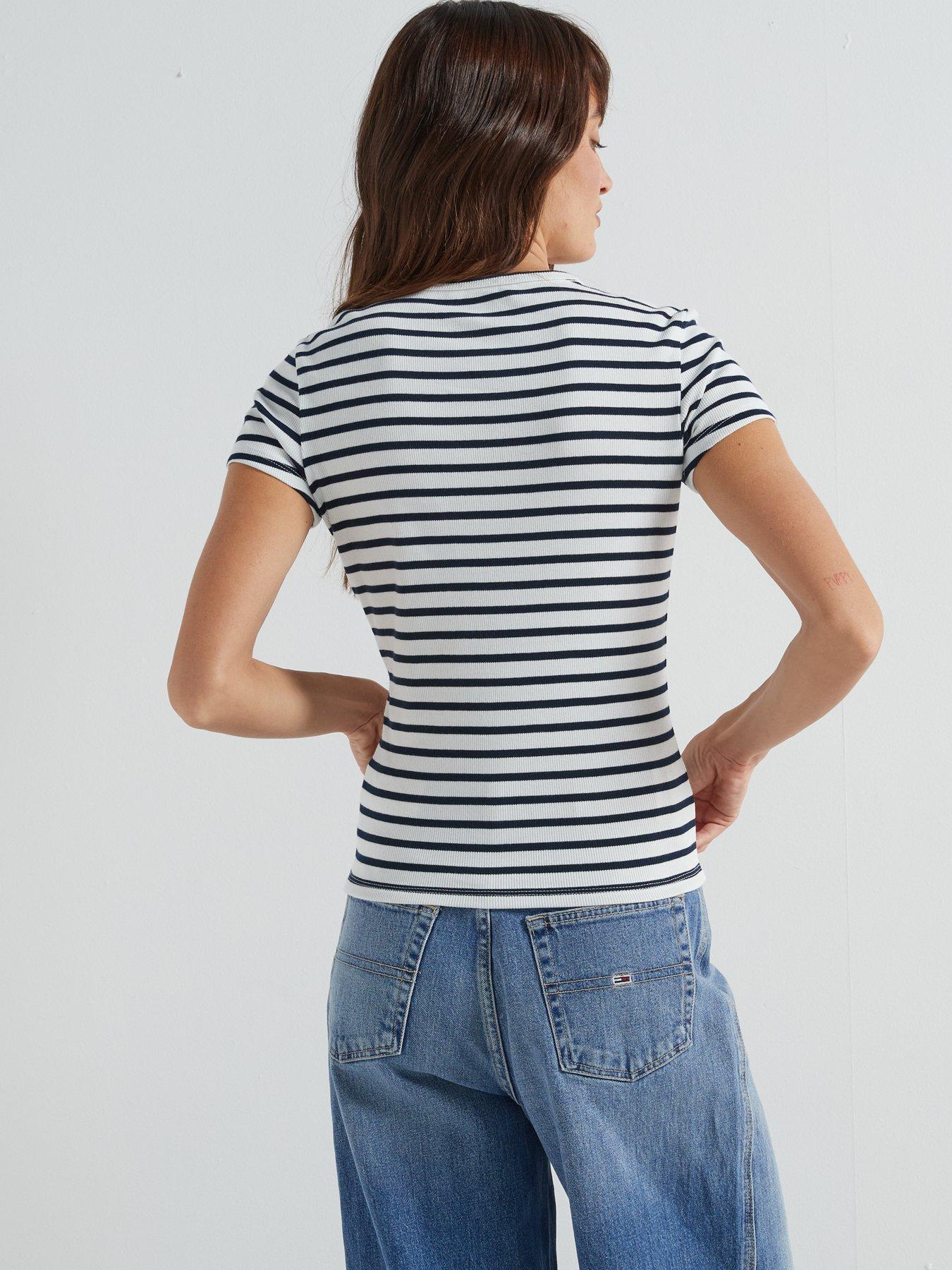 Image 2 of 6 of Tommy Jeans Ribbed Striped T-Shirt - Navy