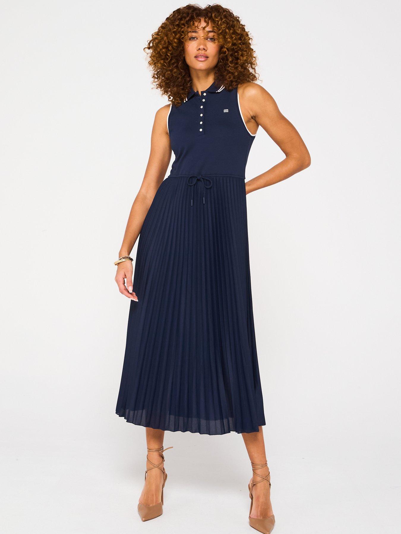 Image 1 of 6 of Tommy Hilfiger Pleated Polo Midi Dress - Navy