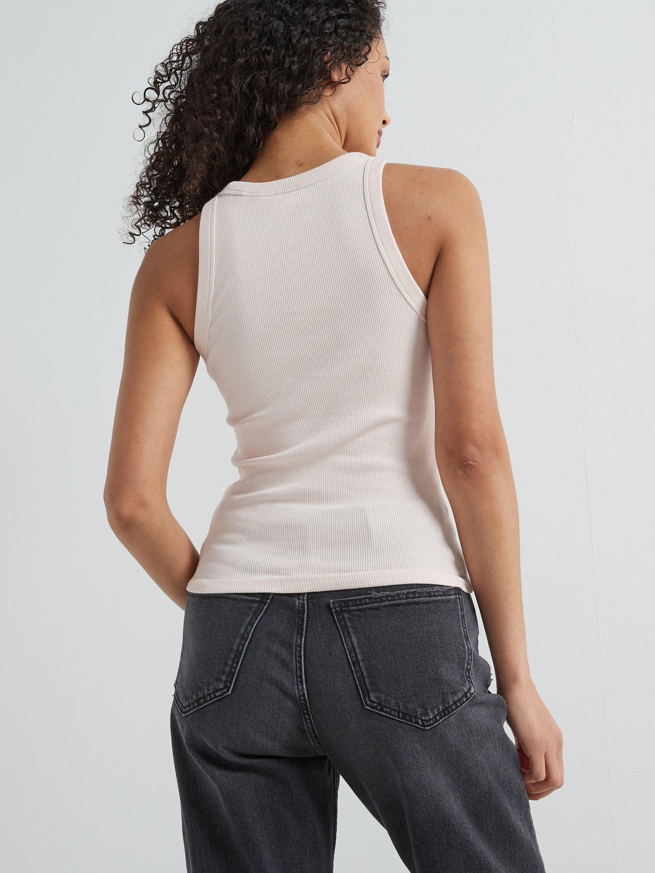 Image 2 of 5 of Calvin Klein Jeans Label Logo Ribbed Tank Vest Top - Pink