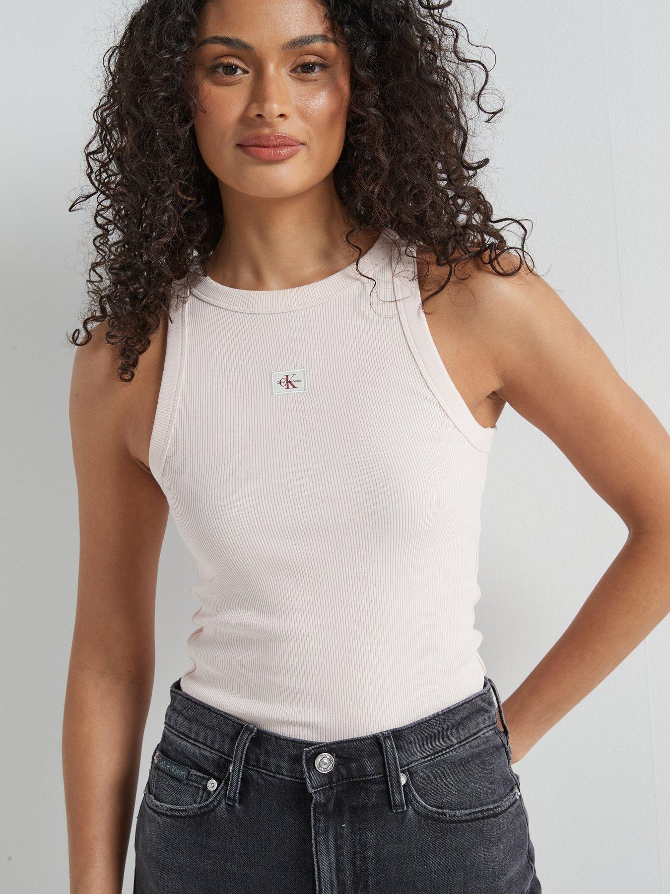 Image 4 of 5 of Calvin Klein Jeans Label Logo Ribbed Tank Vest Top - Pink