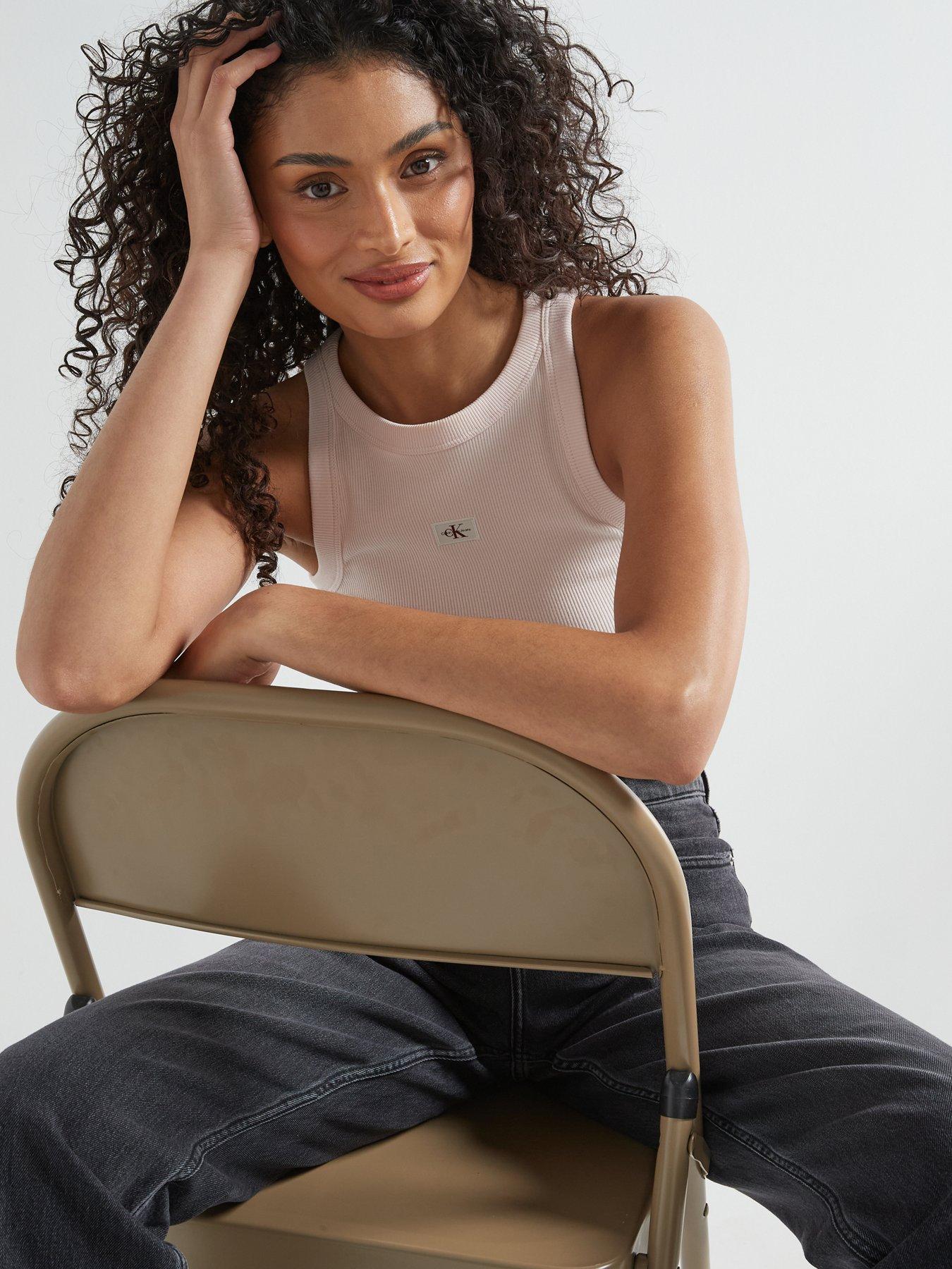 Image 5 of 5 of Calvin Klein Jeans Label Logo Ribbed Tank Vest Top - Pink