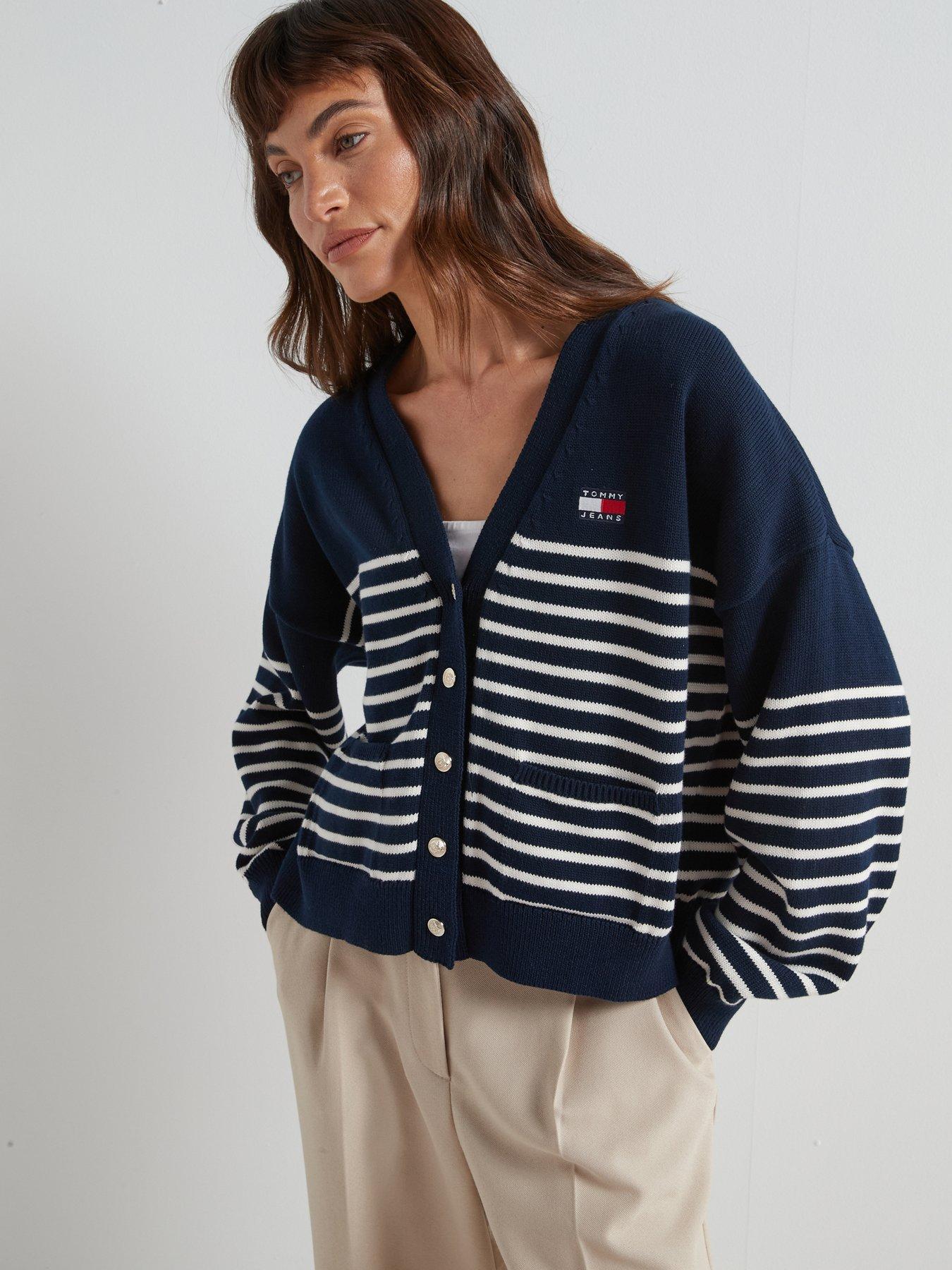 undefined Striped Cable Knit Cardigan - Navy