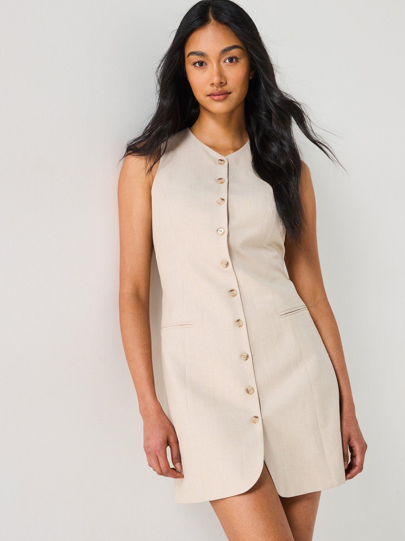 Image 1 of 6 of Tommy Hilfiger Linen Sleeveless Mini Dress - Beige
