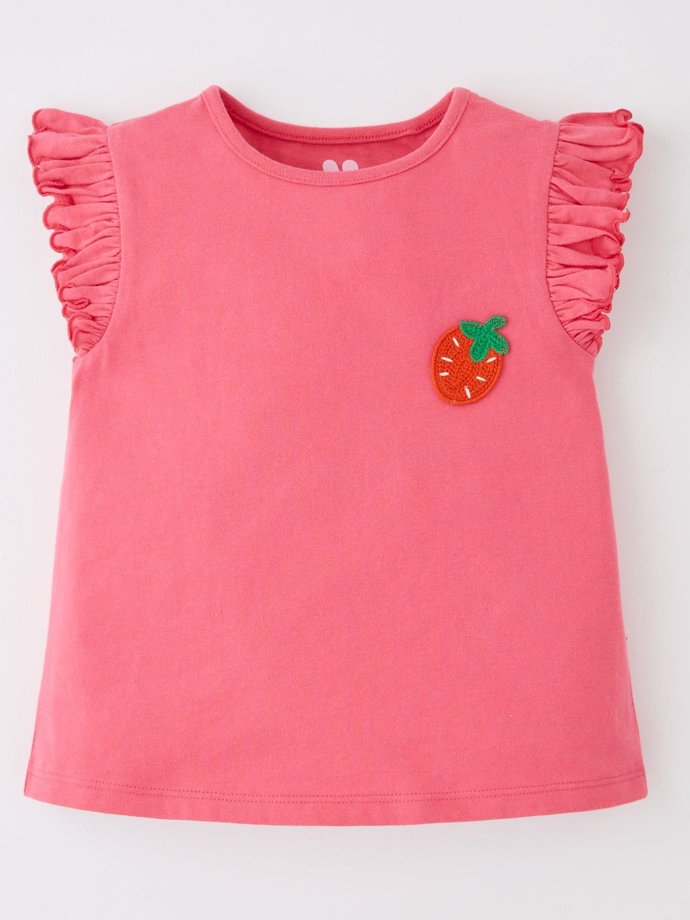 undefined Girls Frill Crochet Strawberry Fruit T-Shirt - Pink