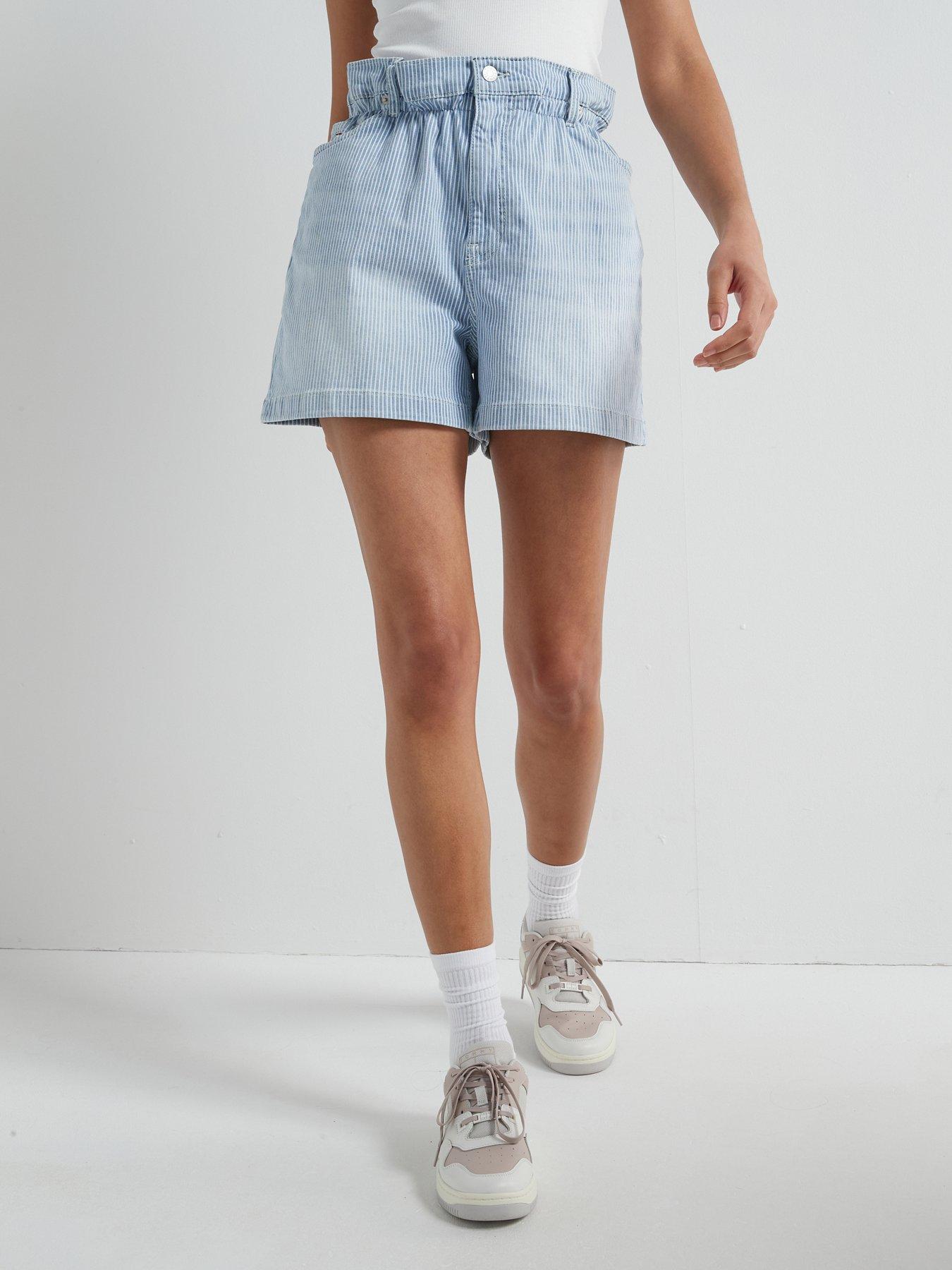 undefined Paperbag Waist Denim Shorts - Blue