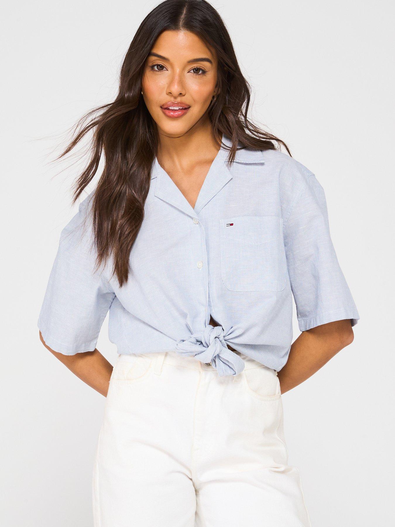 undefined Cropped Linen Tied Shirt - Blue