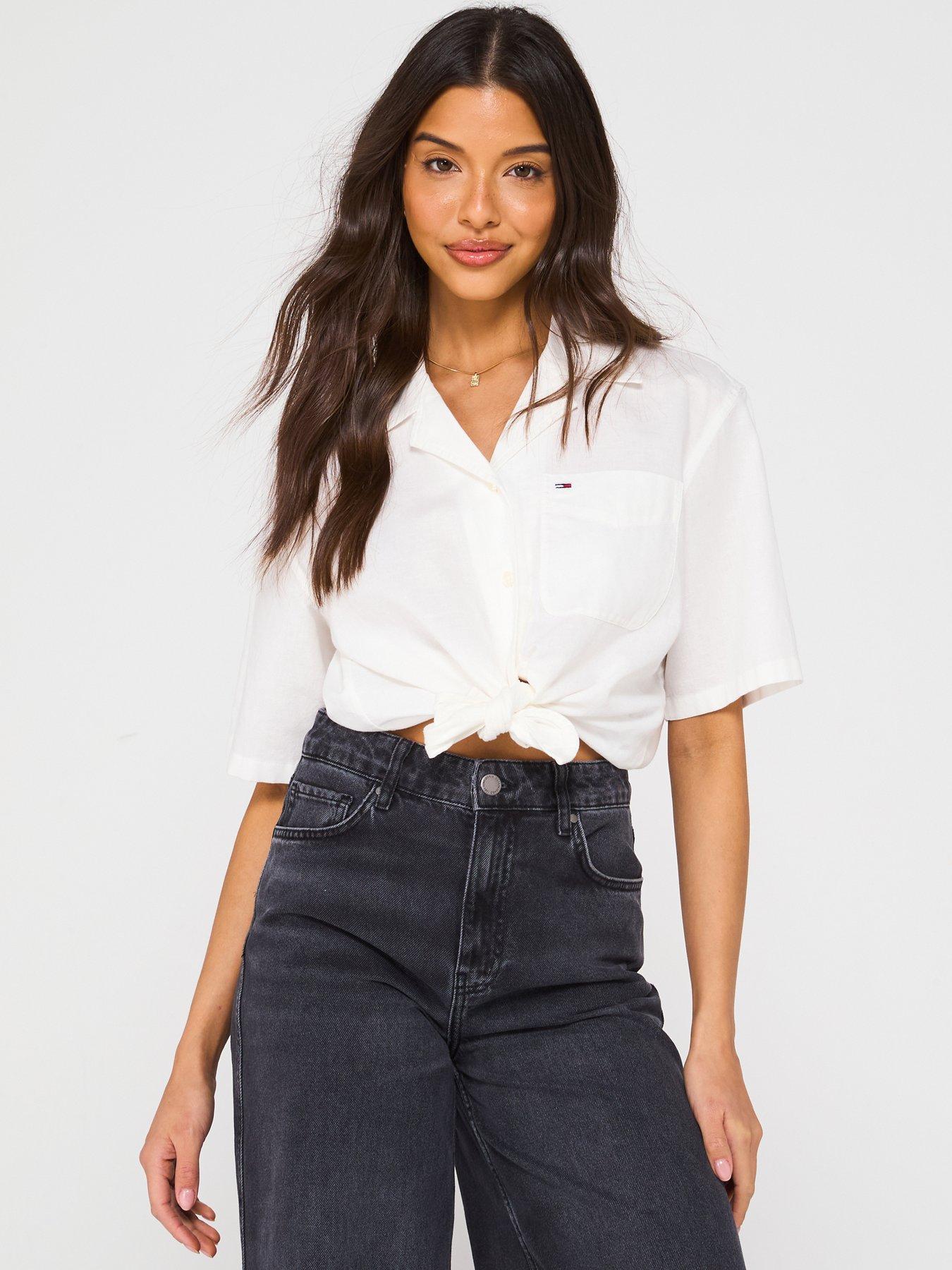 undefined Cropped Linen Tied Shirt - White