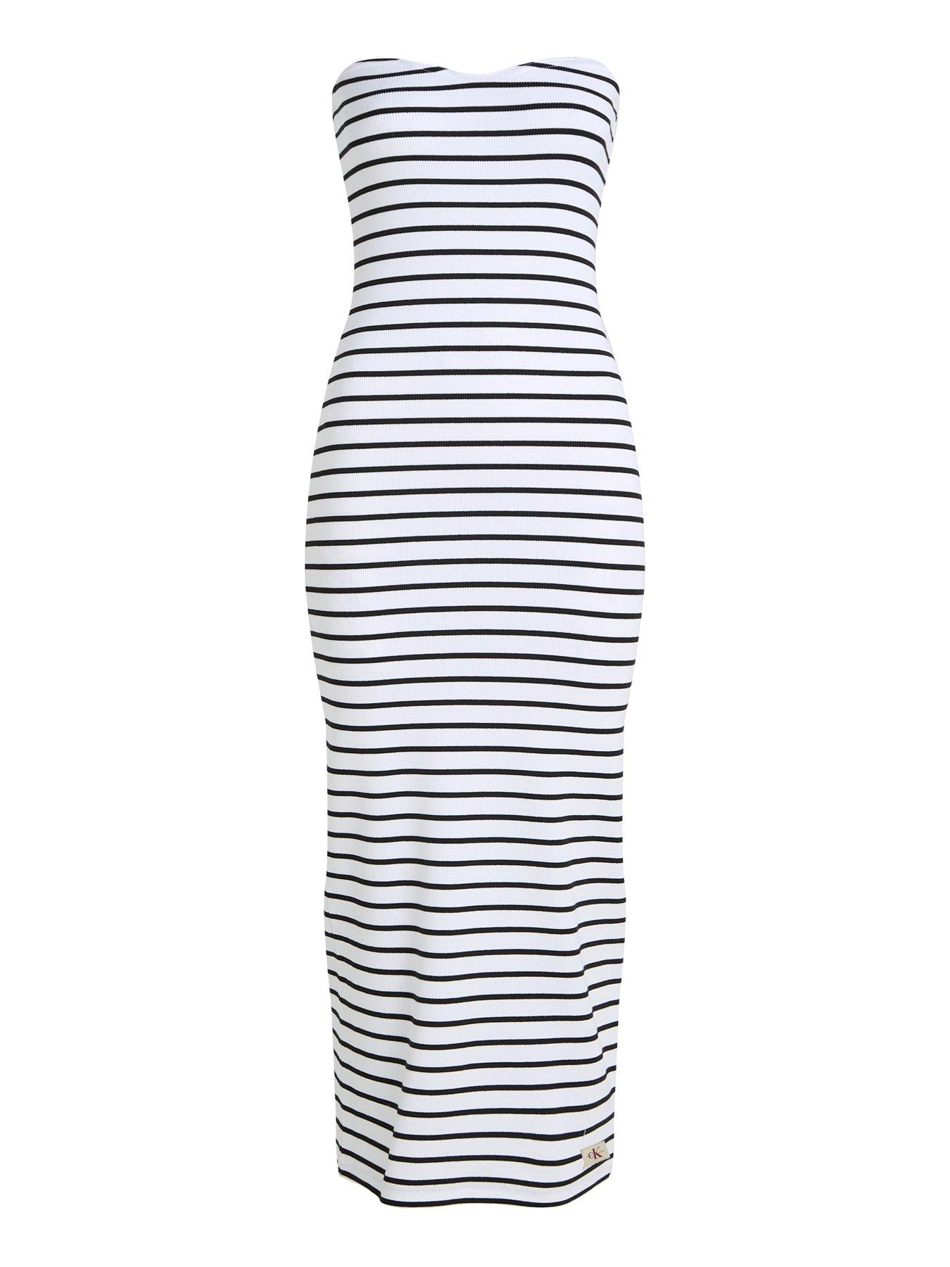 Image 5 of 6 of Calvin Klein Jeans Label Logo Ribbed Bandeau Dress - White