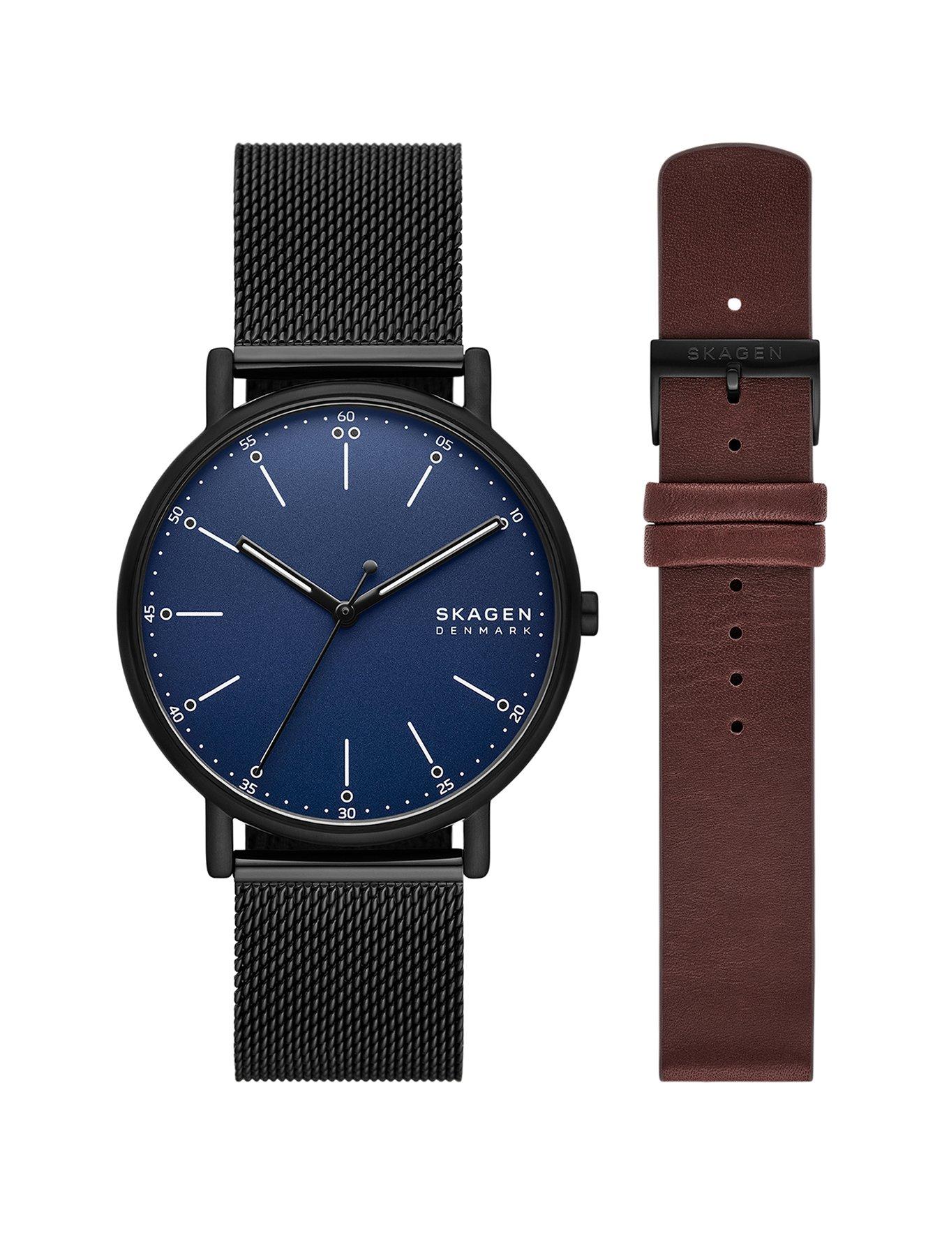 Product photograph of Skagen Signature Three-hand Black Stainless Steel Mesh Watch And Strap Set from very.co.uk