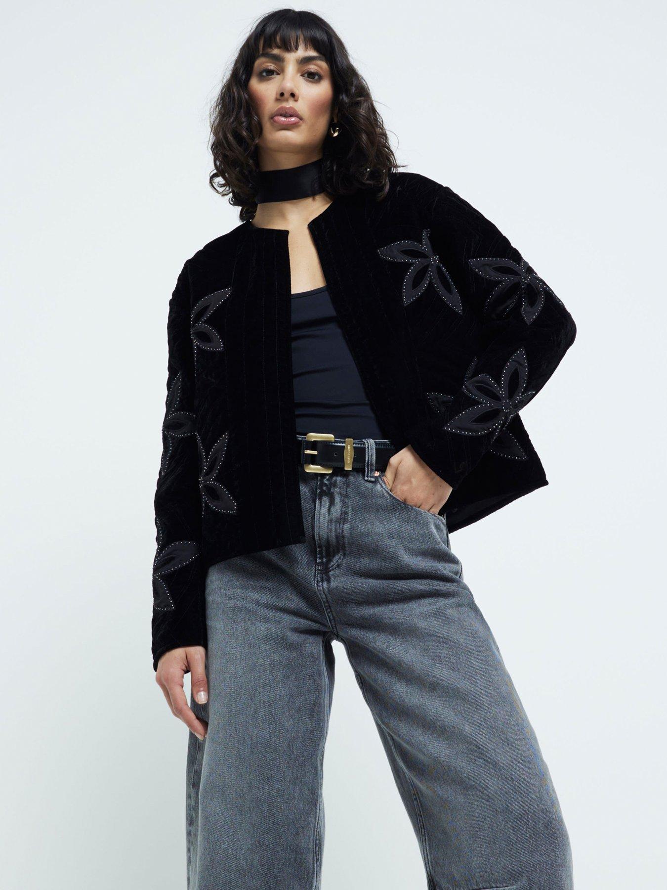 River island black velvet jacket online