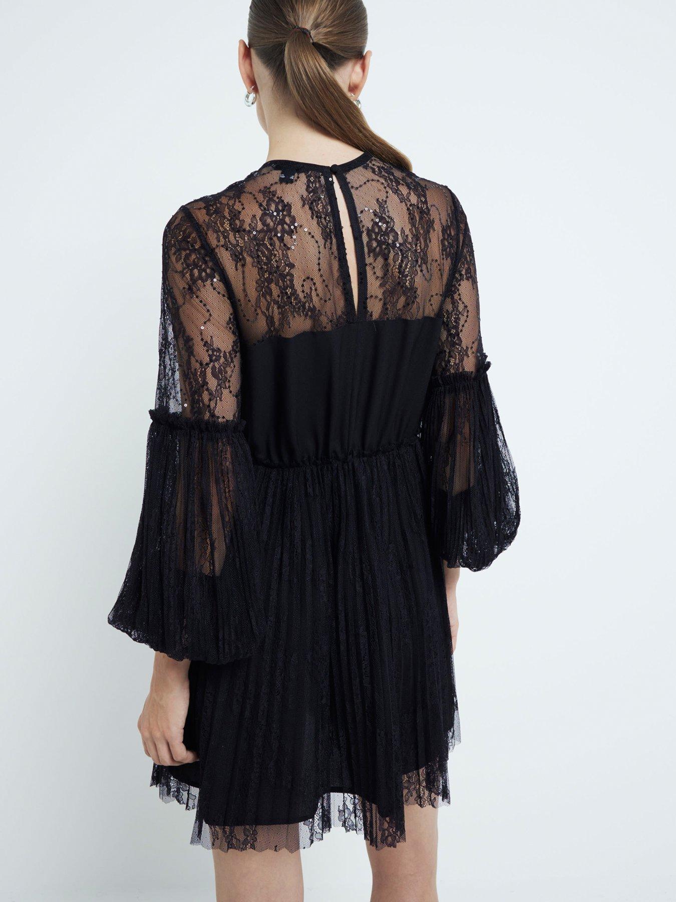Riverstone Dress in Dark Multi Floral with Black Lace Trim