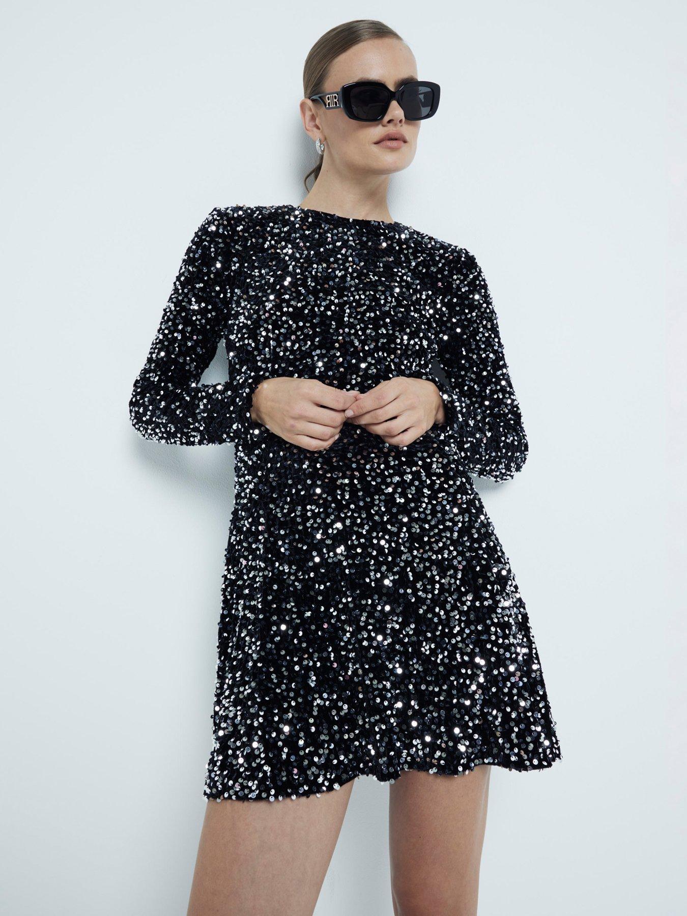 undefined Velvet Sequin Mini Swing Dress - Black